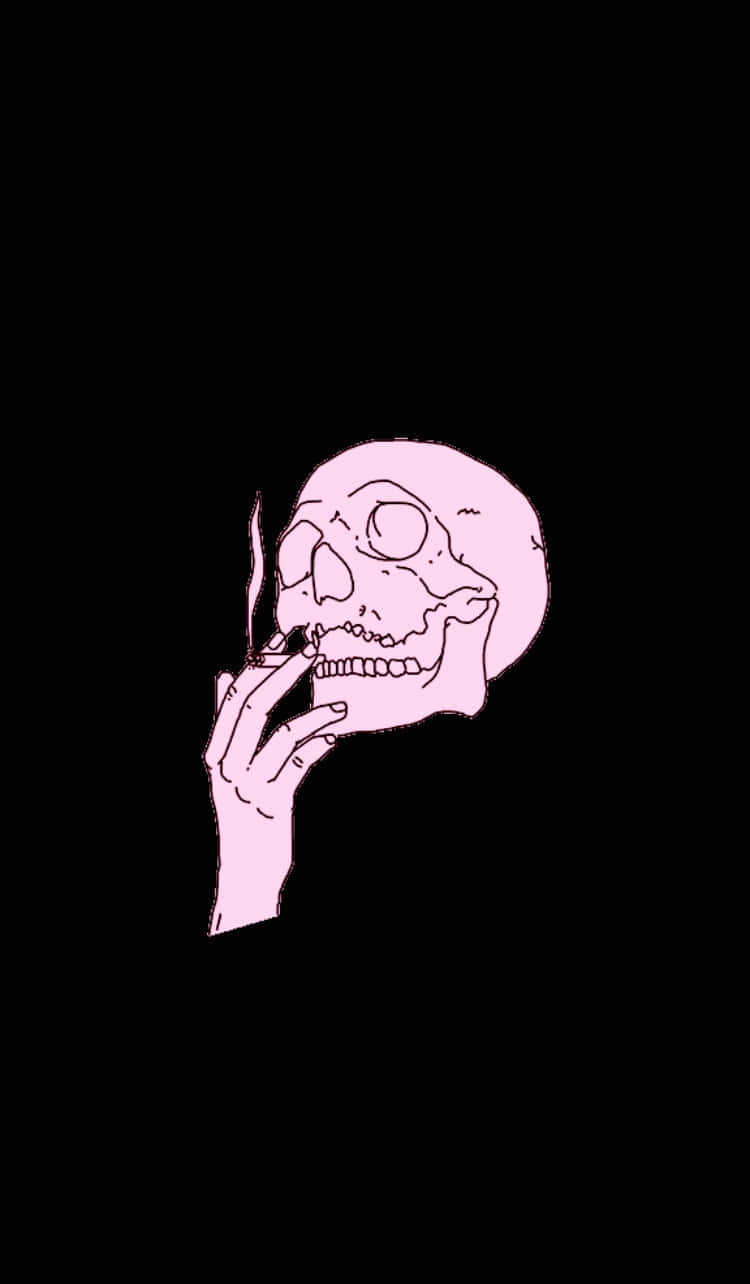 Aesthetic Grunge Phone 桌布 壁紙 — 一個粉紅色插圖骷髏頭叼著香煙，背景為純黑色，帶有一縷薄煙。