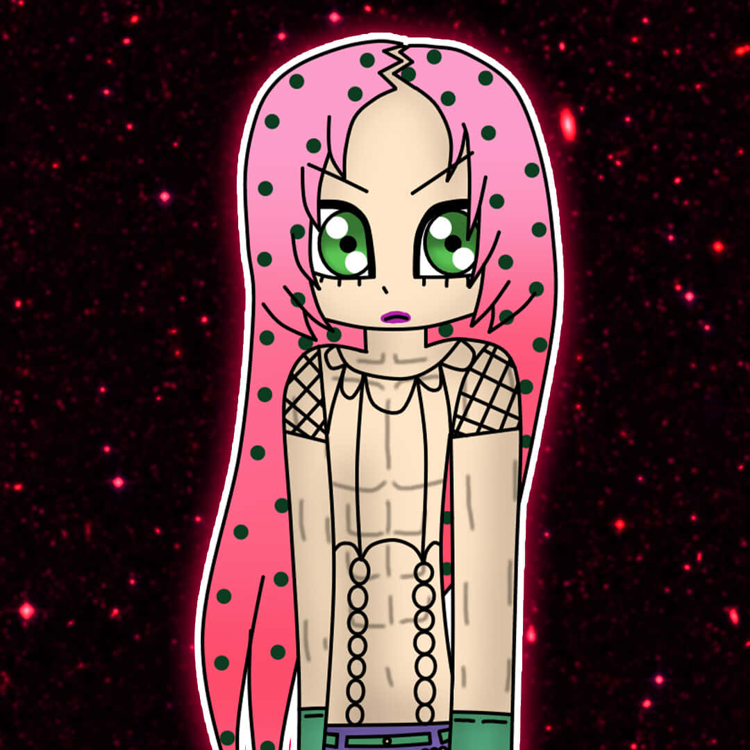 Jojo's Bizarre Adventure Diavolo 桌布 壁紙 — 一個粉紅色波點頭髮、綠色眼睛的Q版動漫女孩，站在深紅色星空背景前。