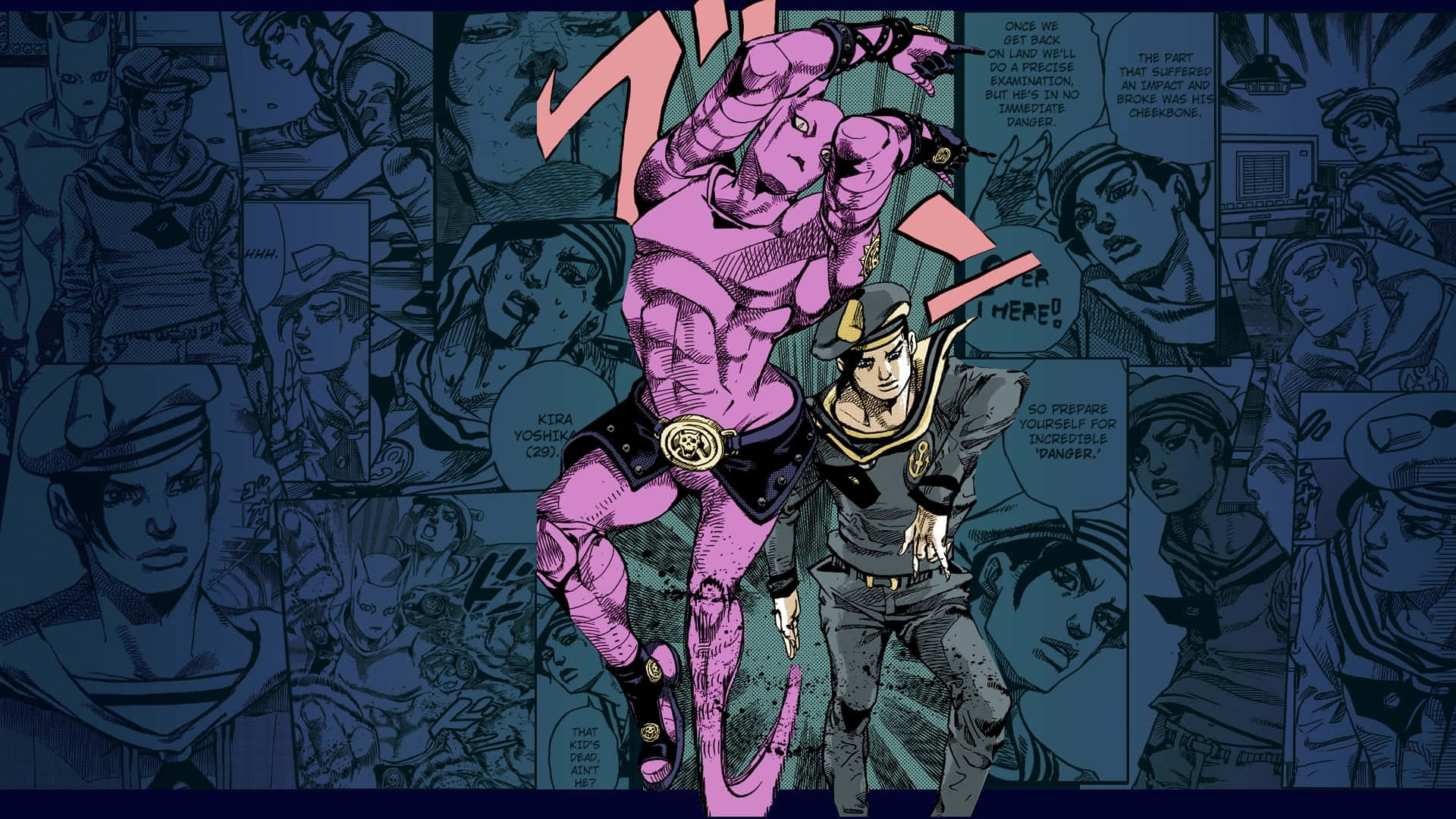 Jojolion 桌布 壁紙 — 一個粉紅色皮膚、有角及黑色腰帶的動漫角色，動態地站在充滿對話的藍色漫畫格背景前。