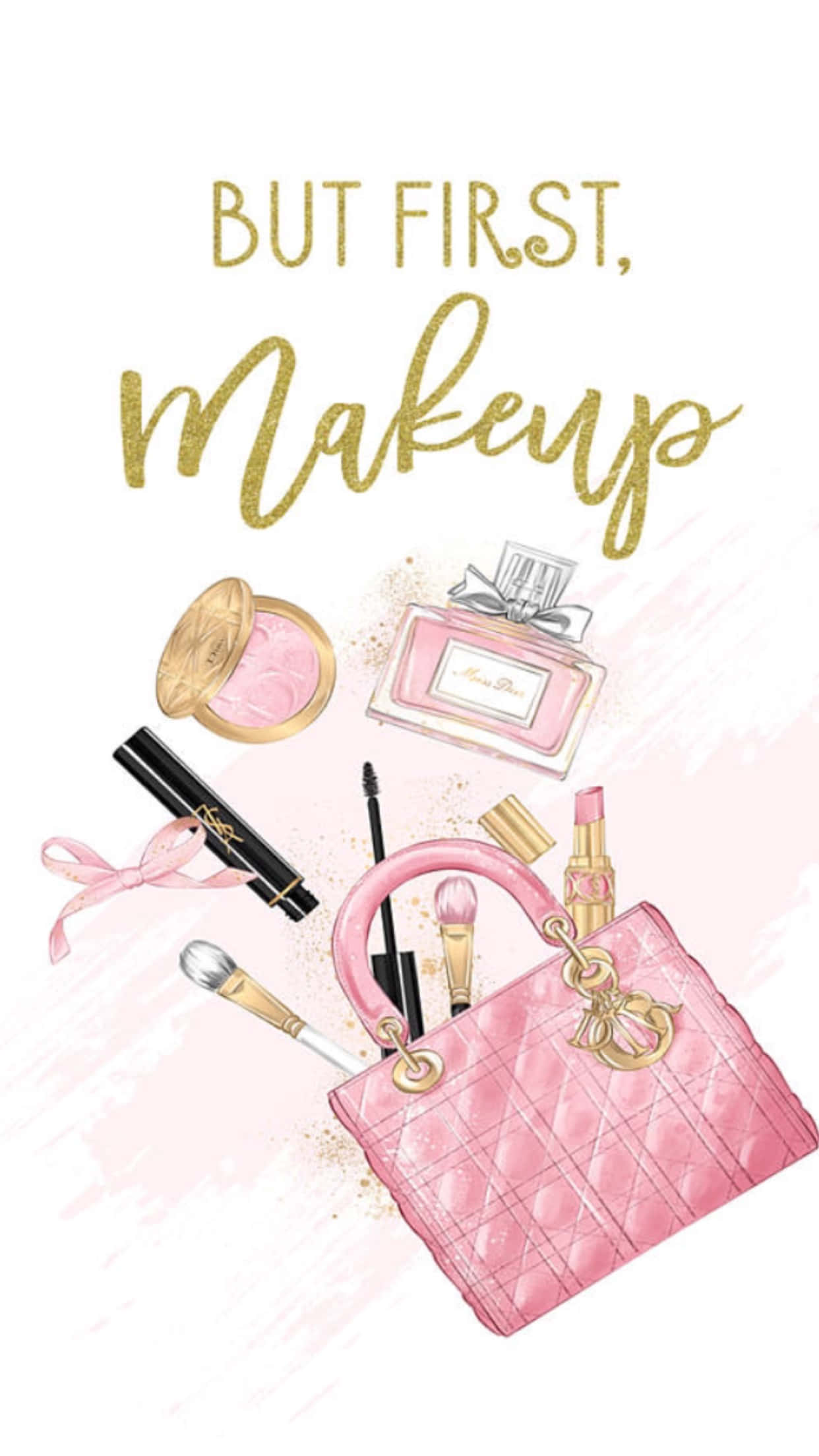 Pink Makeup 桌布 壁紙 — 一個粉紅色絎縫手袋溢出化妝品，如唇膏、睫毛膏和香水，在柔和的粉紅色水彩背景上，帶有閃爍文字。