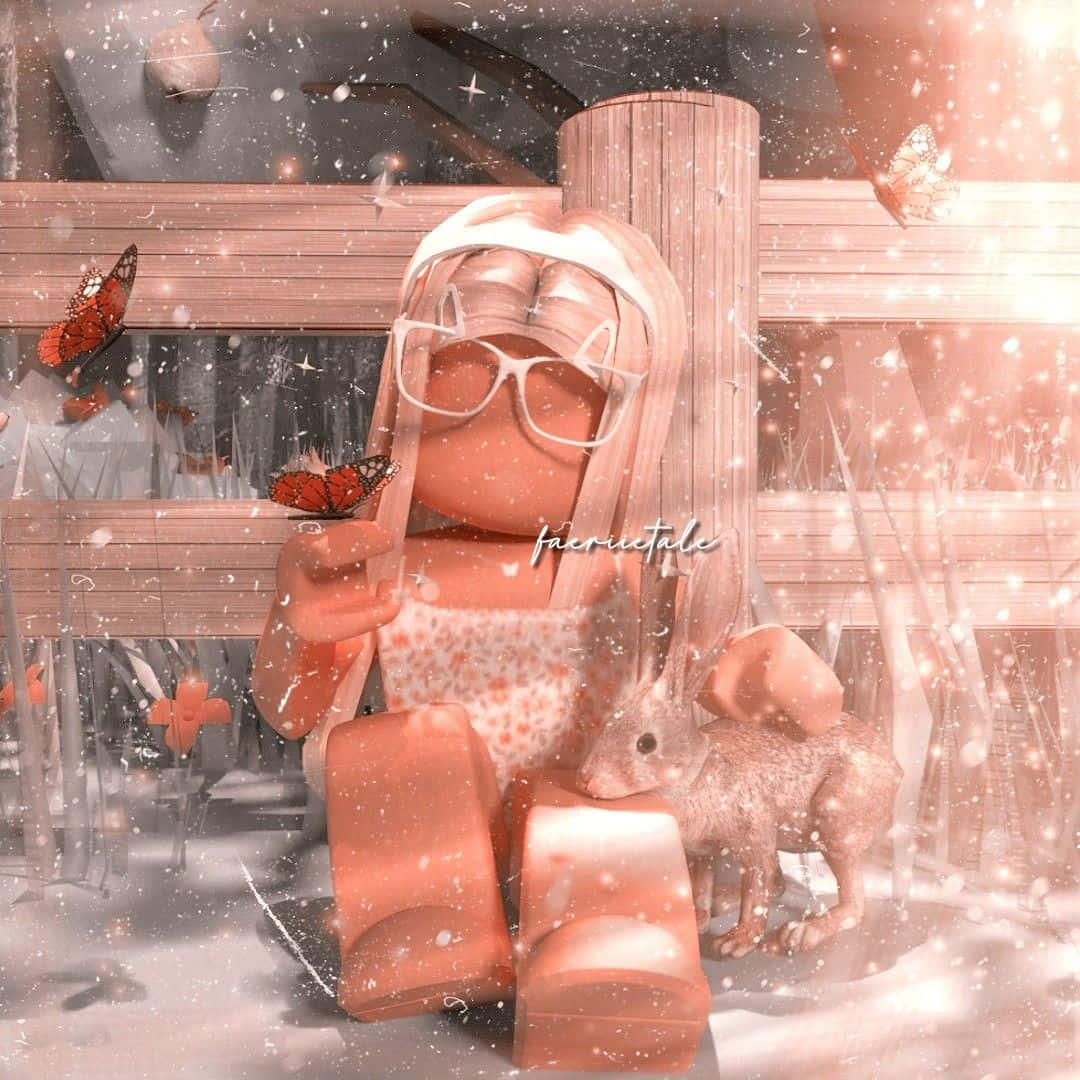 Roblox Avatar 桌布 壁紙 — 一個粉紅色調的 Roblox 頭像戴著眼鏡，坐在兔子旁邊，身處雪景中，蝴蝶翩翩飛舞。