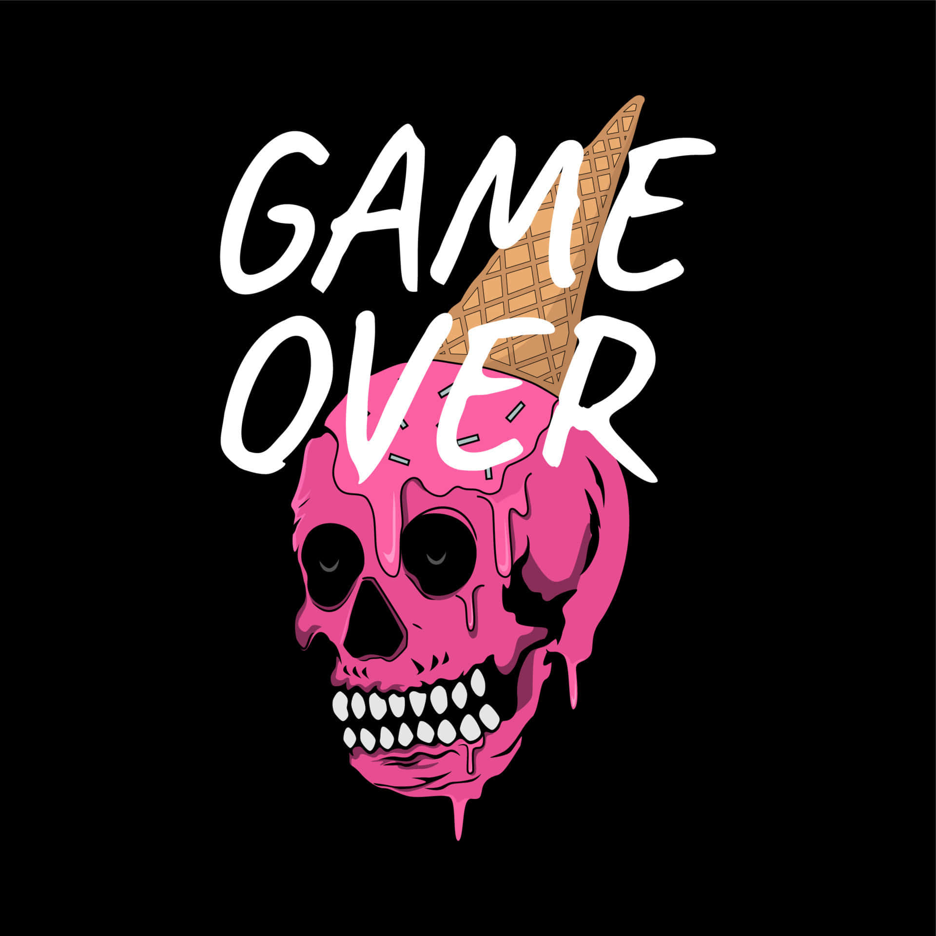 Dark Game Over 桌布 壁紙 — 一個粉紅色雪糕骷髏頭，戴著窩夫筒帽，滴著醬汁，下方有粗體白色「GAME OVER」字樣在黑色背景上。