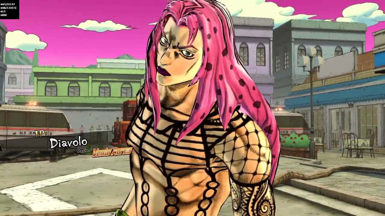 Jojo's Bizarre Adventure Diavolo 桌布 壁紙 — 一個粉紅色頭髮、帶有紋身的動漫角色，站在風格化的城市街道上，背景是充滿活力的粉紅色天空。