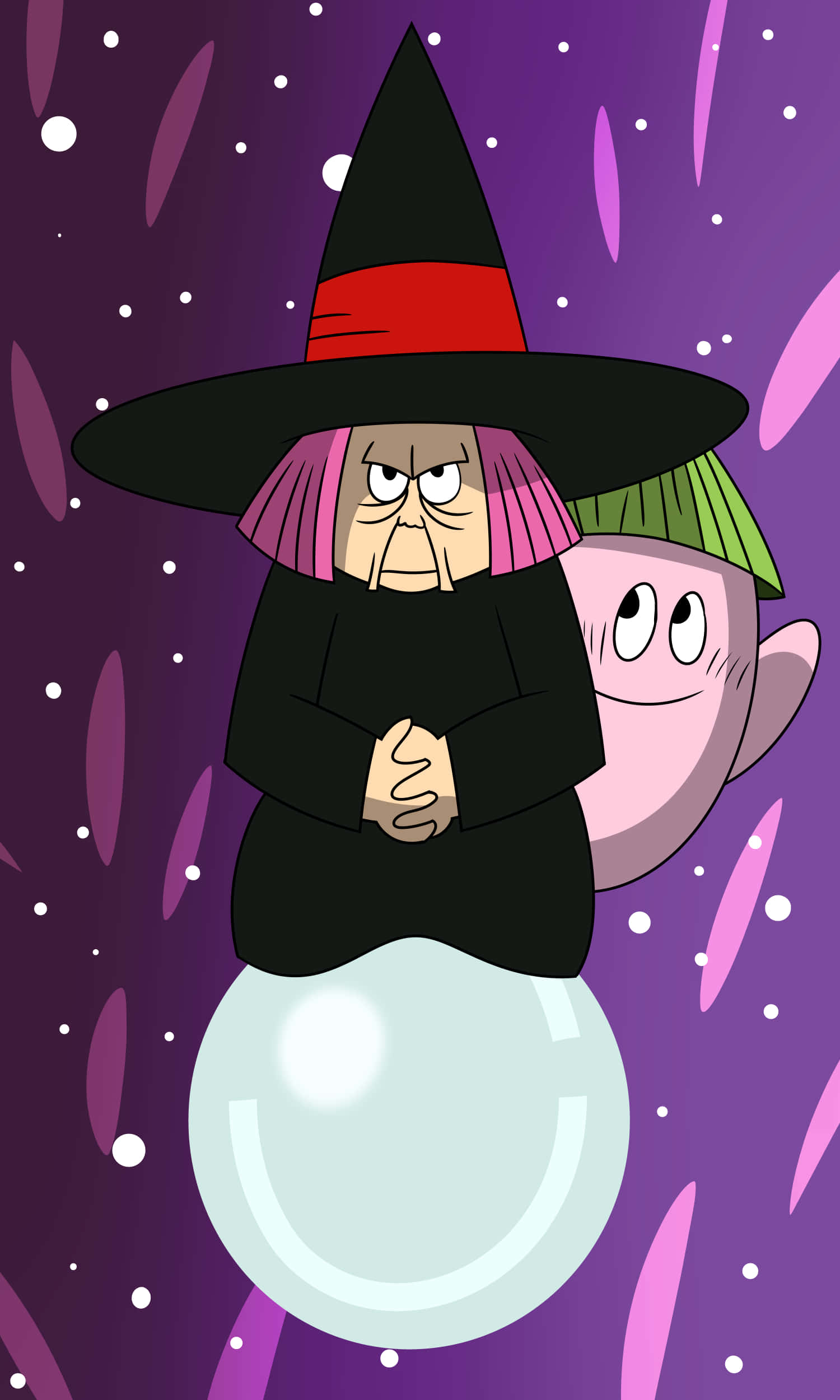 Baba Yaga 桌布 壁紙 — 一個粉紅色頭髮、戴著黑色帽子的卡通女巫，在紫色星空背景下漂浮在發光的球體上，旁邊還有一個微笑的粉紅色生物。