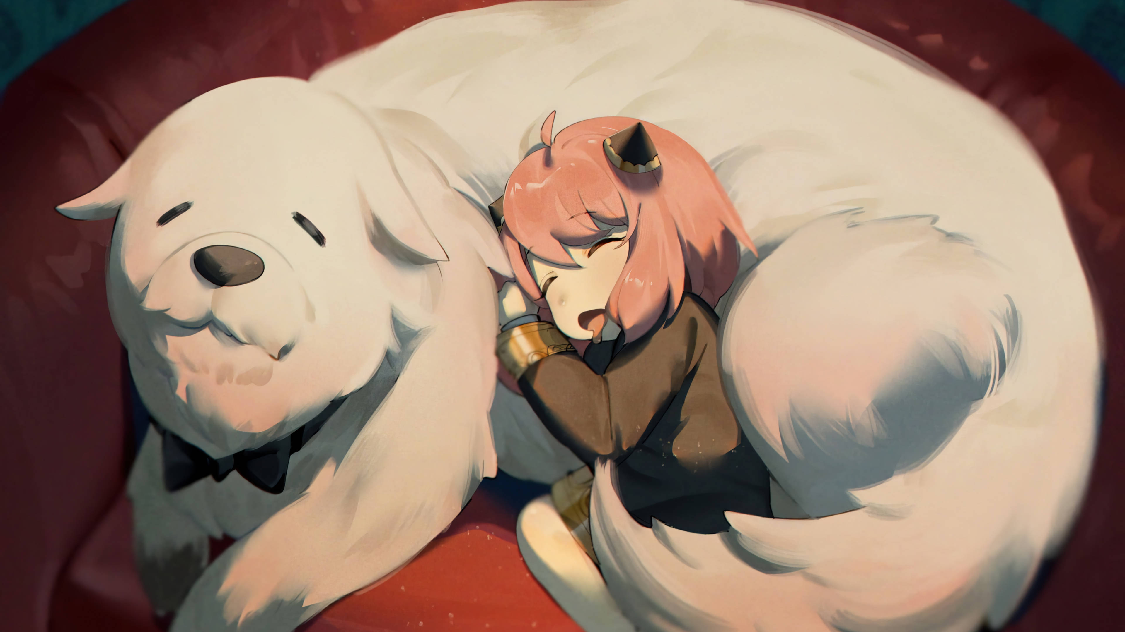 anime cuddle 桌布 壁紙 — 一個粉紅色頭髮、有角的動漫女孩，蜷縮在紅色沙發上，靠著一隻戴蝴蝶結的大白狗睡覺。