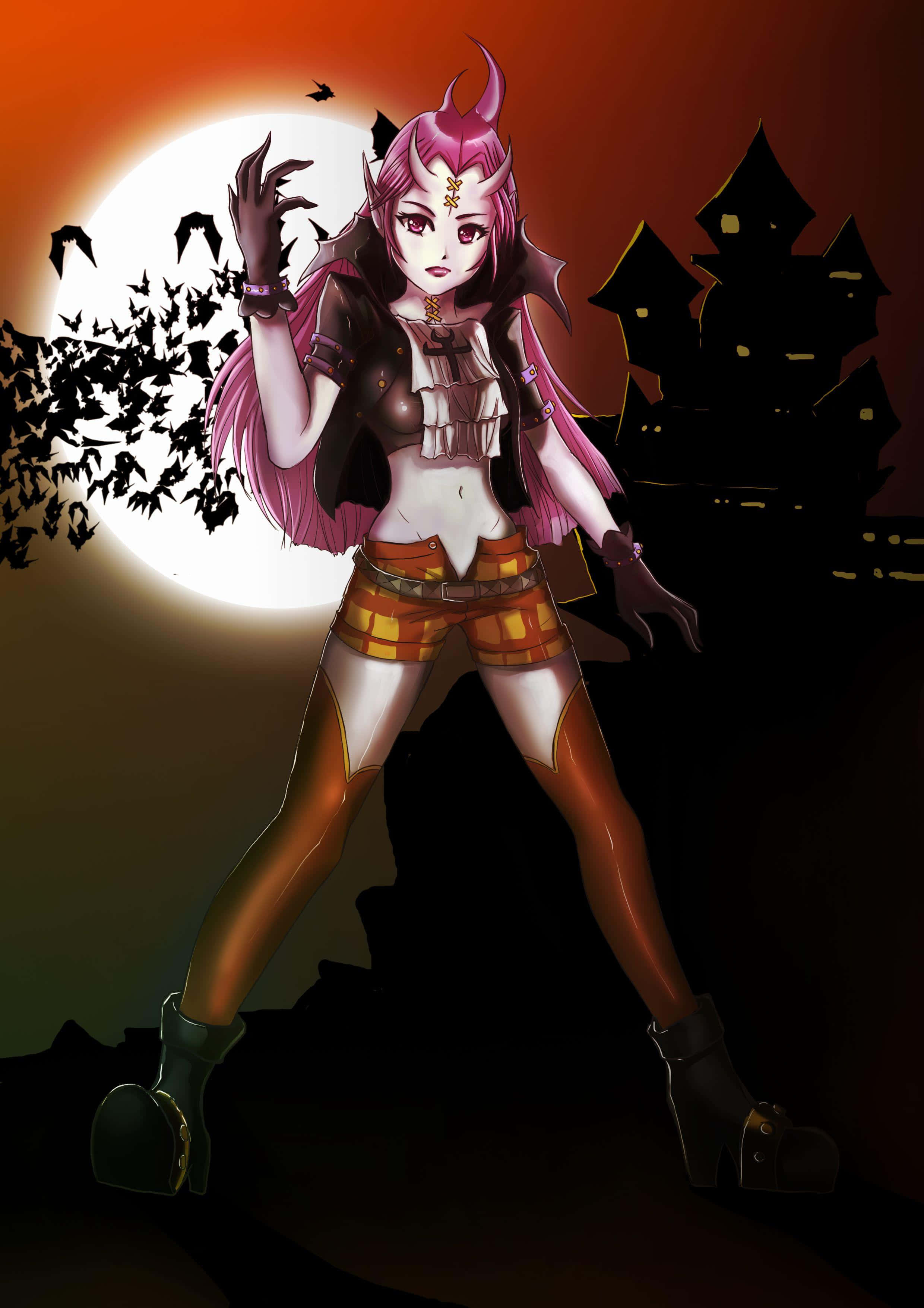 gecko moria 桌布 壁紙 — 一個粉紅色頭髮、有角的動畫女孩站在滿月前，蝙蝠飛過鬼城堡的剪影。