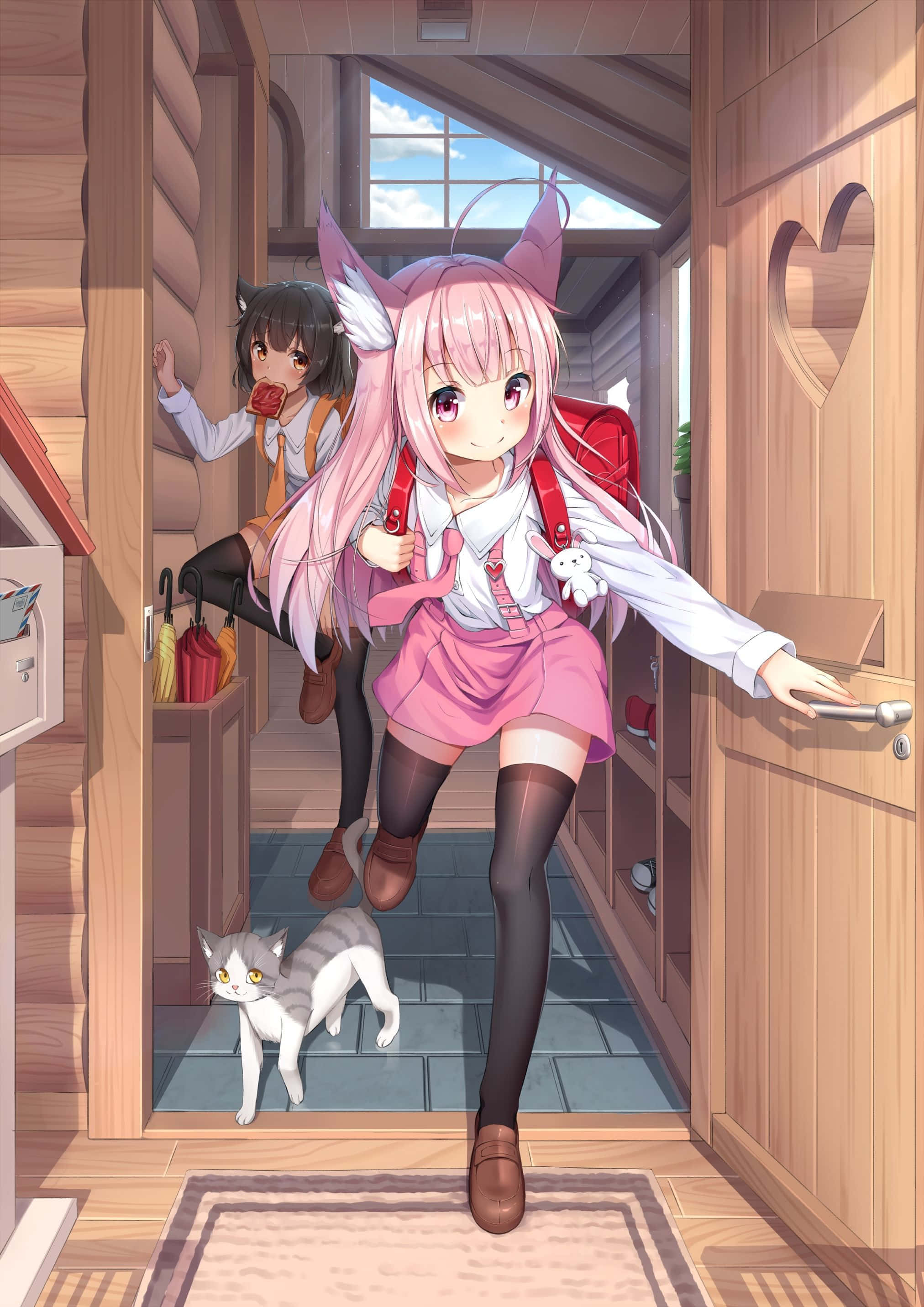 neko 桌布 壁紙 — 一個粉紅色頭髮、狐狸耳朵的女孩穿著校服打開一扇木門，一隻貓在看著，另一個女孩從後面偷看。