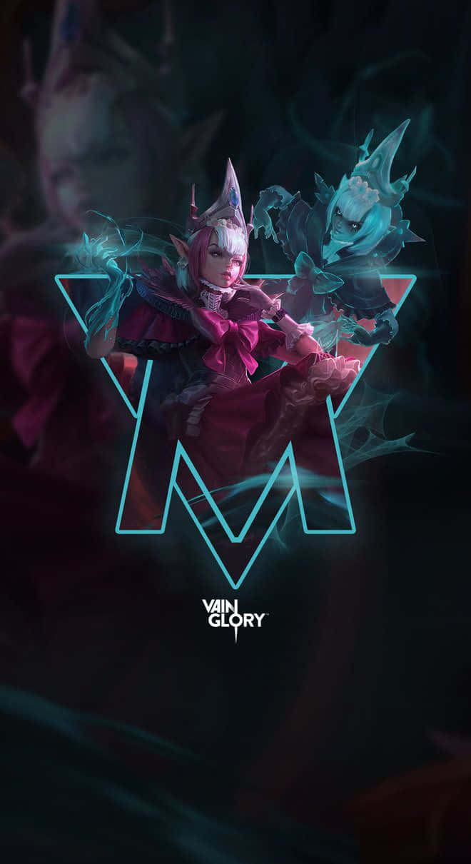 Vainglory 桌布 壁紙 — 一個粉紅色頭髮、穿著深色服裝的奇幻角色站在發光的藍色三角形標誌前，旁邊有一個幽靈般的生物。
