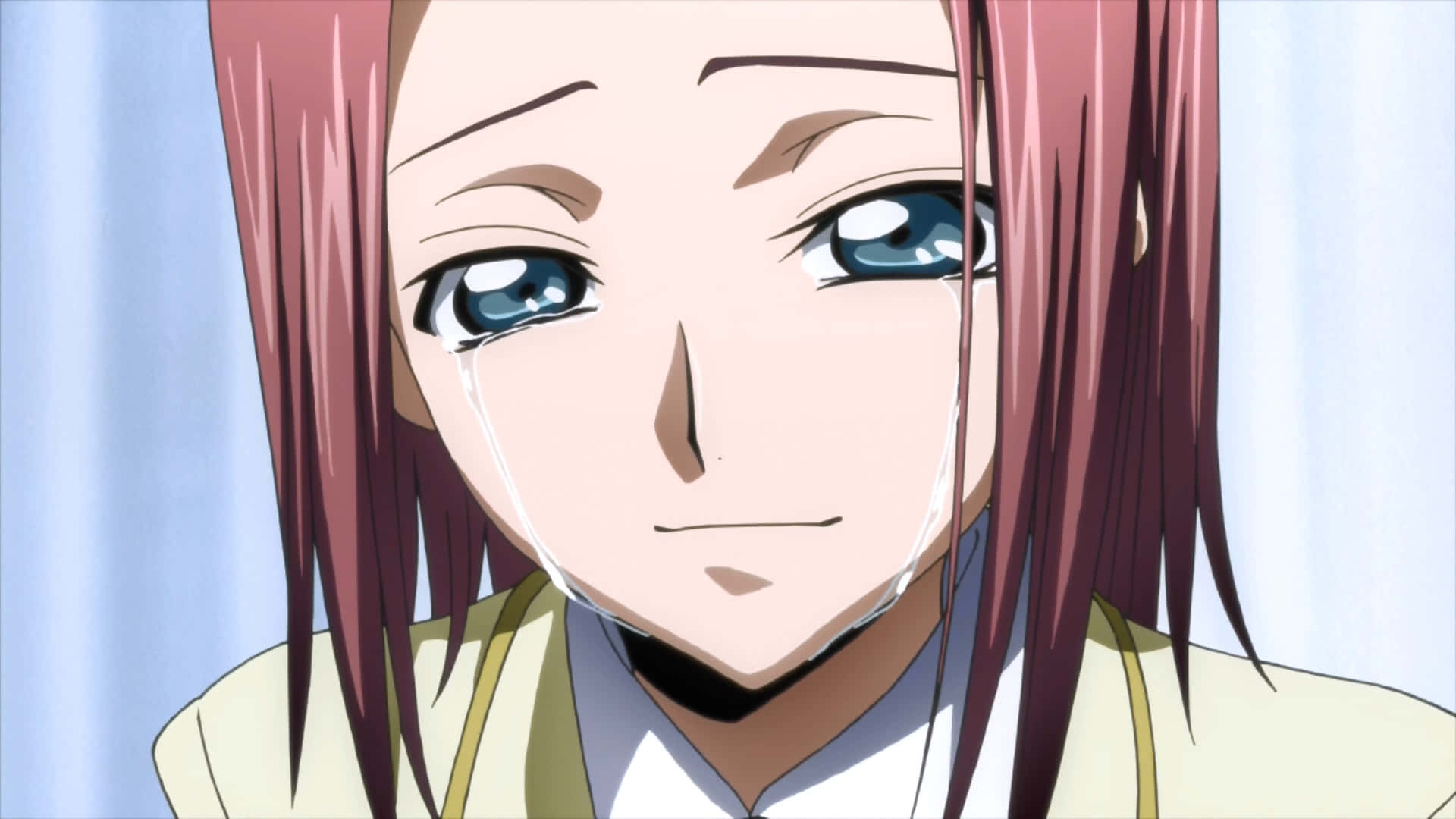 Kallen Stadtfeld 桌布 壁紙 — 一個粉紅色頭髮和藍色眼睛的動漫女孩特寫，她帶著溫柔的表情向前看，流下眼淚。