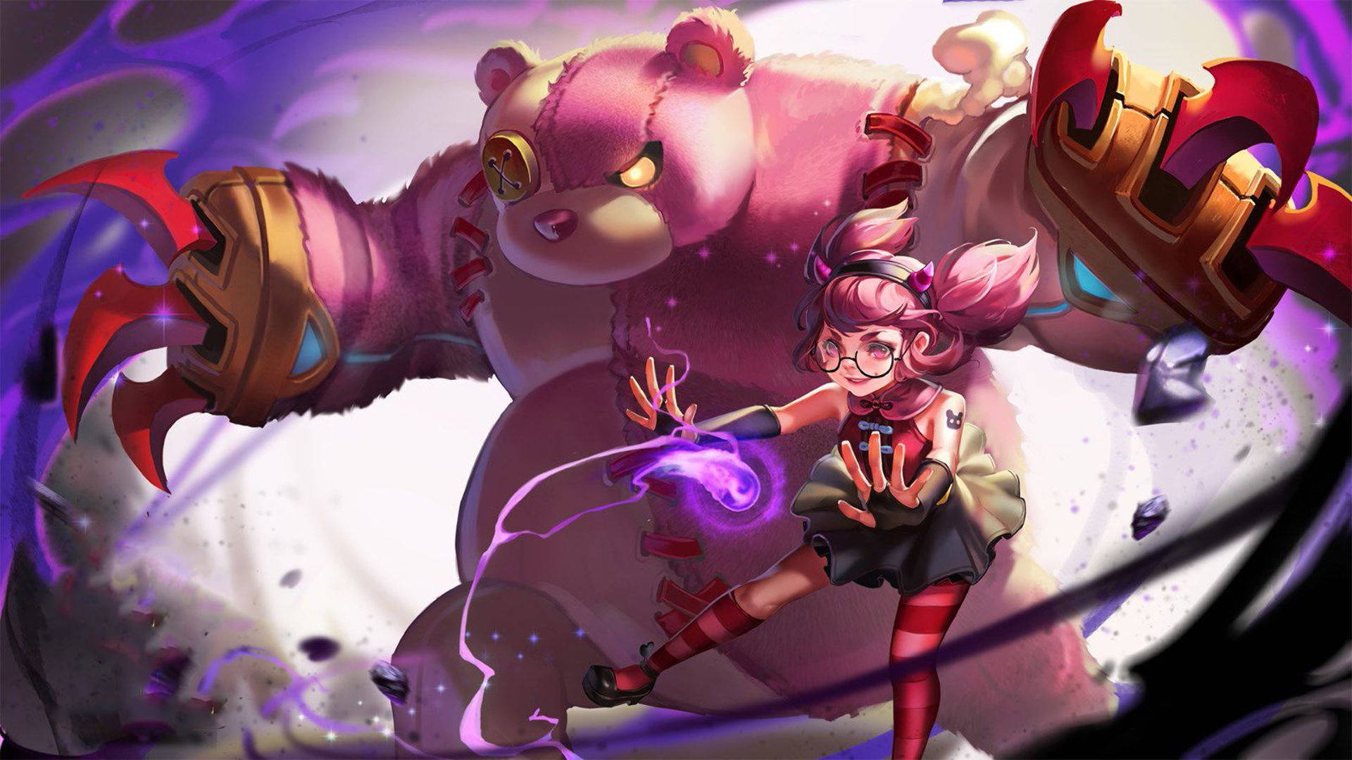 Mobile Legends 桌布 壁紙 — 一個粉紅色頭髮戴眼鏡的女孩，騎著一隻巨大的機械泰迪熊穿過旋轉的宇宙漩渦，引導著紫色能量。