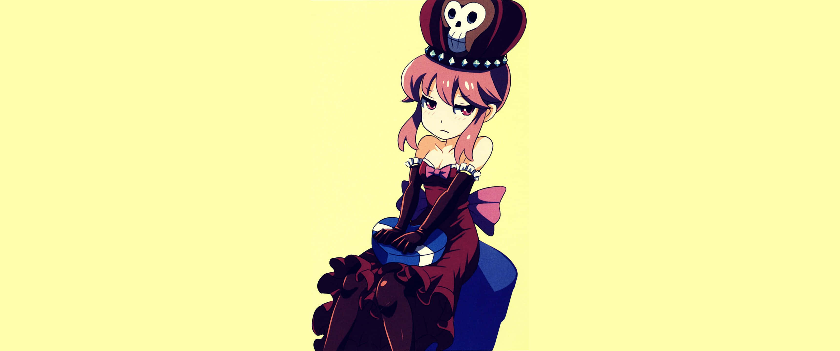Nonon Jakuzure 桌布 壁紙 — 一個粉紅色頭髮的Q版動漫女孩，戴著骷髏帽，穿著深色連衣裙，背景是淡黃色。