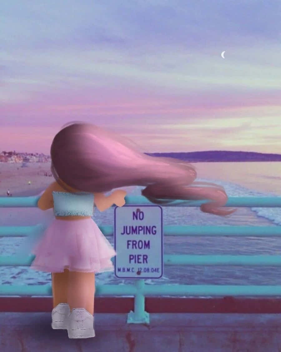 Aesthetic Roblox 桌布 壁紙 — 一個粉紅色頭髮的Roblox風格女孩在黃昏時站在碼頭上，凝視著新月下的海洋。