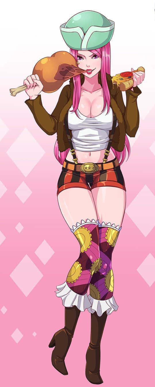 Jewelry Bonney 桌布 壁紙 — 一個粉紅色頭髮的動漫女孩，戴著綠色頭盔和圖案短褲，在粉紅色鑽石背景前拿著烤雞和一片薄餅。