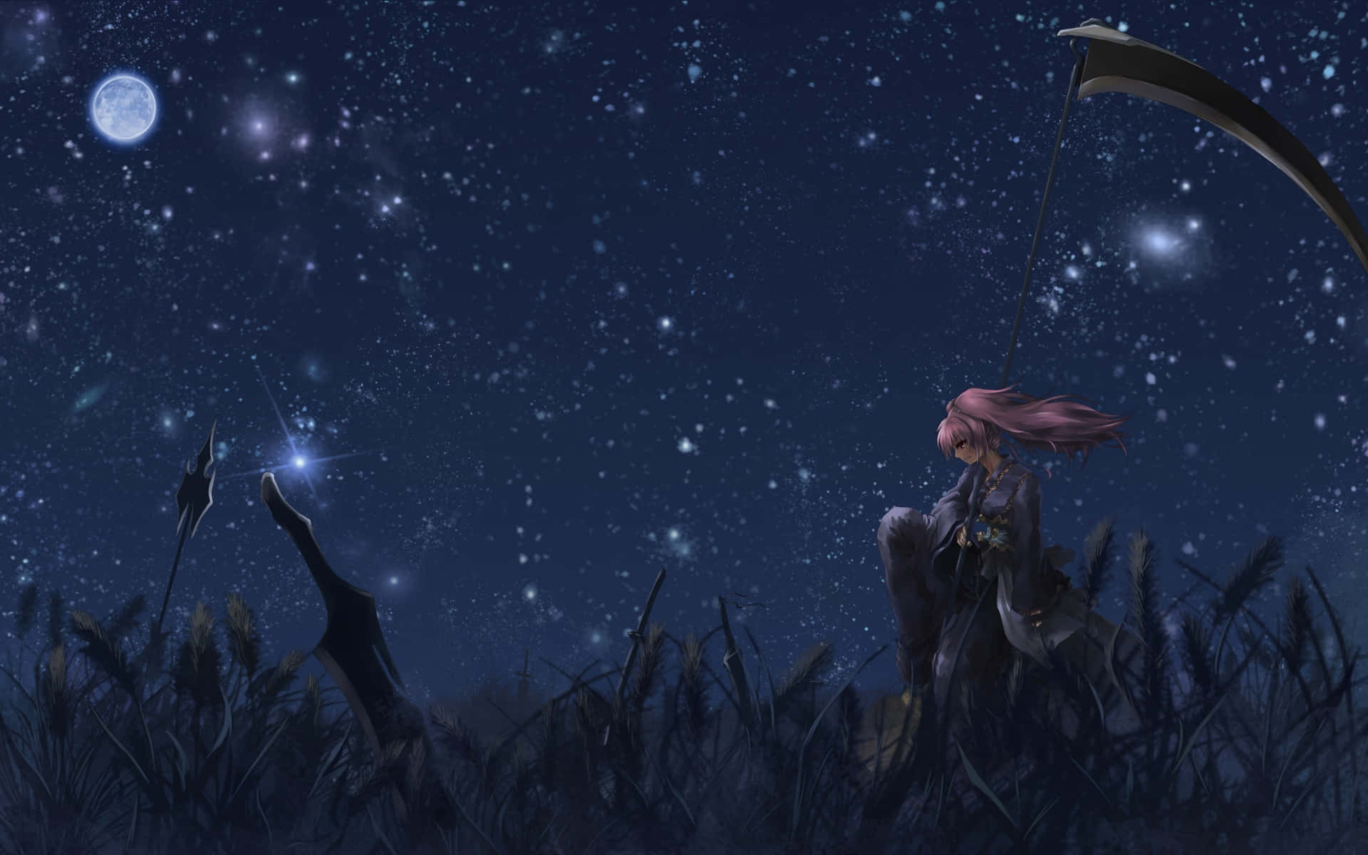 Sad Dark Anime 桌布 壁紙 — 一個粉紅色頭髮的動漫女孩拿著鐮刀，坐在高高的草叢中，頭上是繁星點點的夜空和一輪發光的月亮。