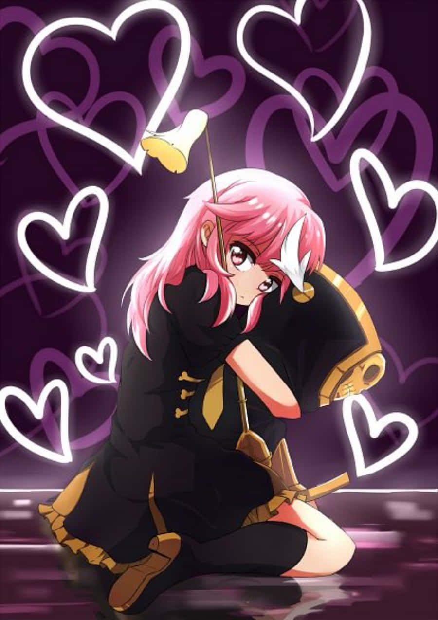Nonon Jakuzure 桌布 壁紙 — 一個粉紅色頭髮的動漫女孩跪著，被發光的白色心形環繞，背景為紫色。