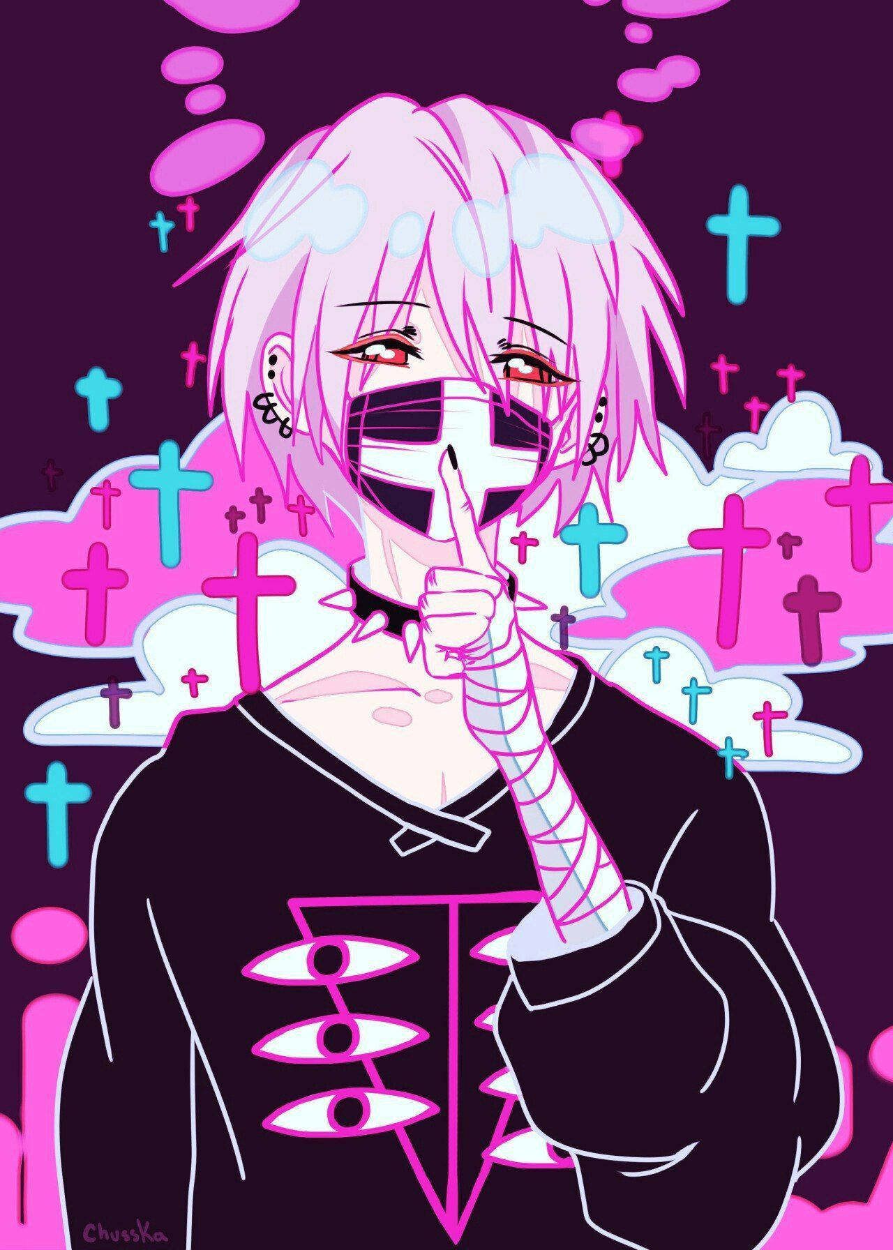 動漫男孩 桌布 壁紙 — 一個粉紅色頭髮的動漫角色，戴著面具，手指放在嘴唇上，周圍環繞著十字架和雲朵，呈現出充滿活力的紫色和粉紅色數位插圖。