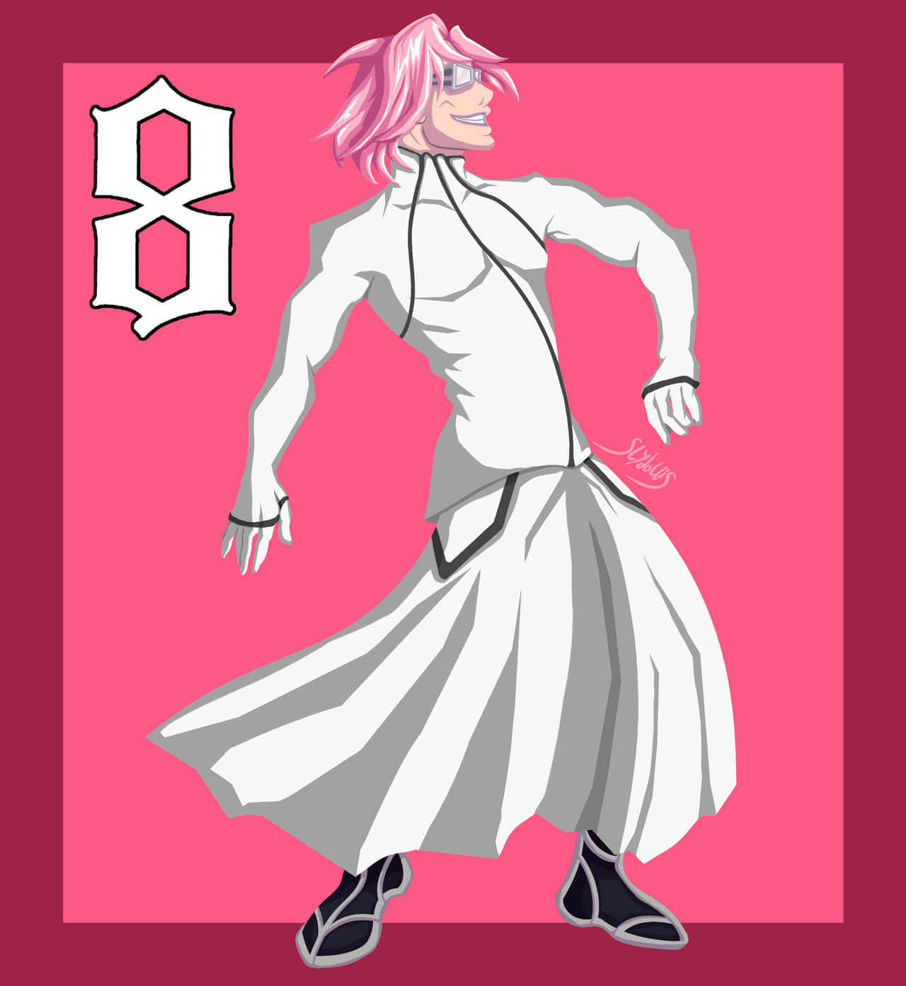 Szayelaporro Granz 桌布 壁紙 — 一個粉紅色頭髮的動漫角色穿著白色服裝，在充滿活力的粉紅色背景上擺出動態姿勢，背景上有一個大數字八。