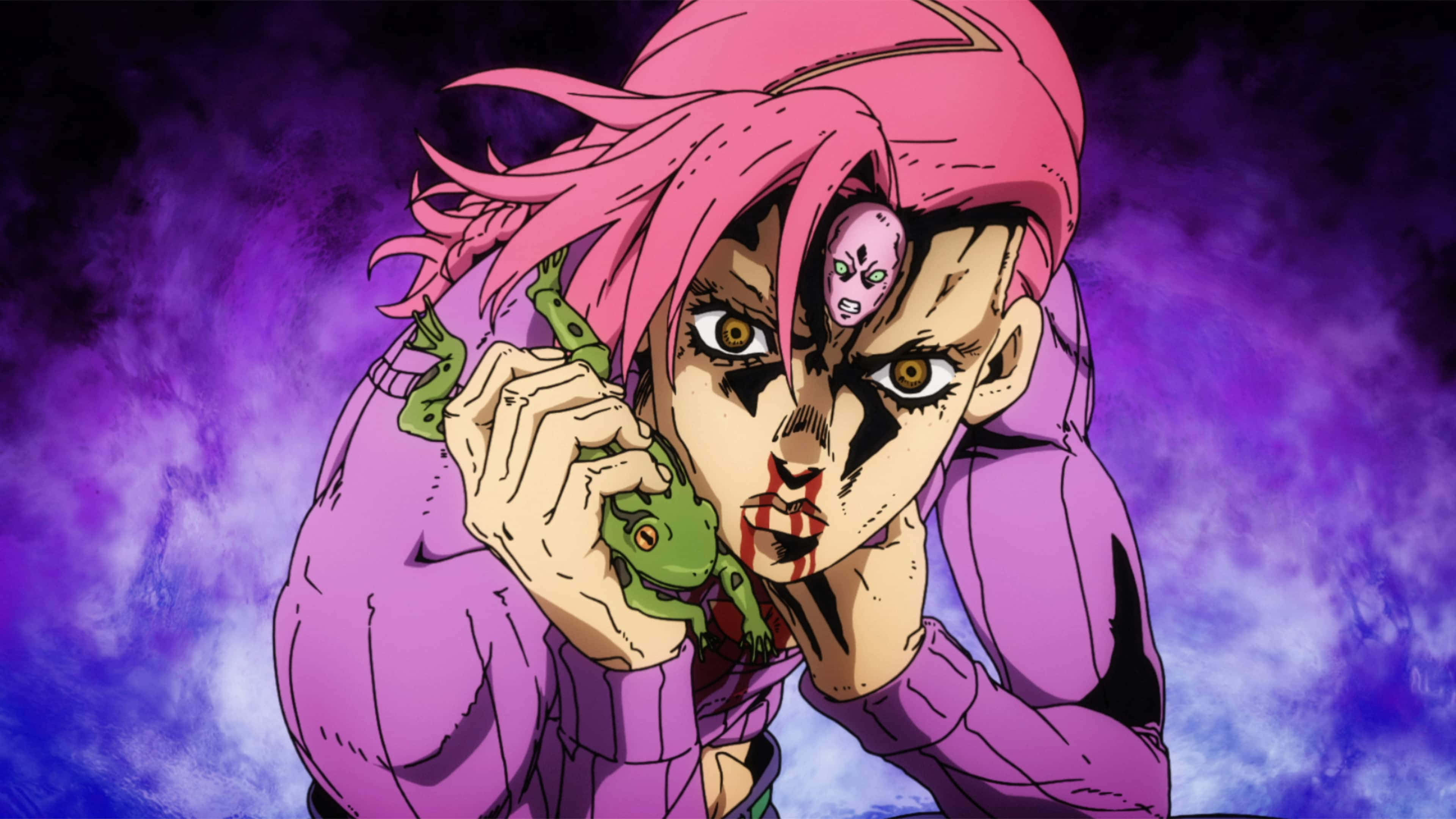 Jojo King Crimson 桌布 壁紙 — 一個粉紅色頭髮的動漫角色穿著紫色連帽衫，抱著一隻綠色青蛙，嘴角滴著血，背景是旋轉的紫色和藍色。