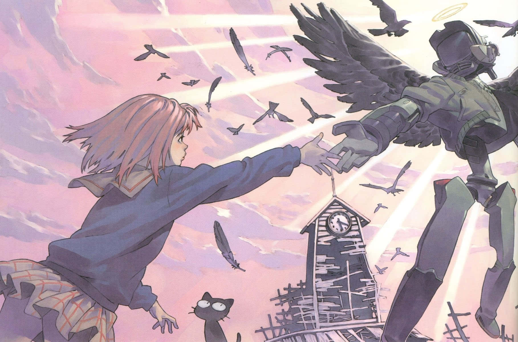 Flcl Canti 桌布 壁紙 — 一個粉紅色頭髮的女孩向一個有翼的裝甲人物伸出手，背景是粉紅色的天空，有鳥和一個破舊的鐘樓。