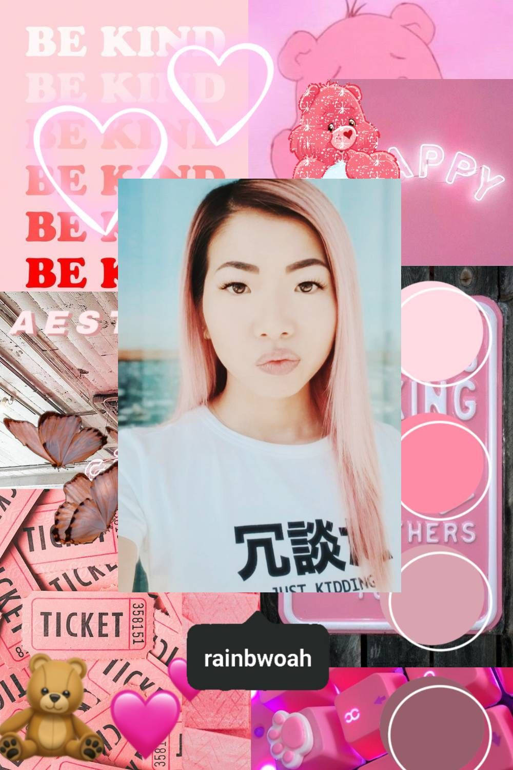 The Krew Betty La 壁紙 — 一個粉紅色頭髮的女孩穿著白色T恤，位於充滿心形、泰迪熊和文字的鮮豔粉紅色拼貼畫中央。
