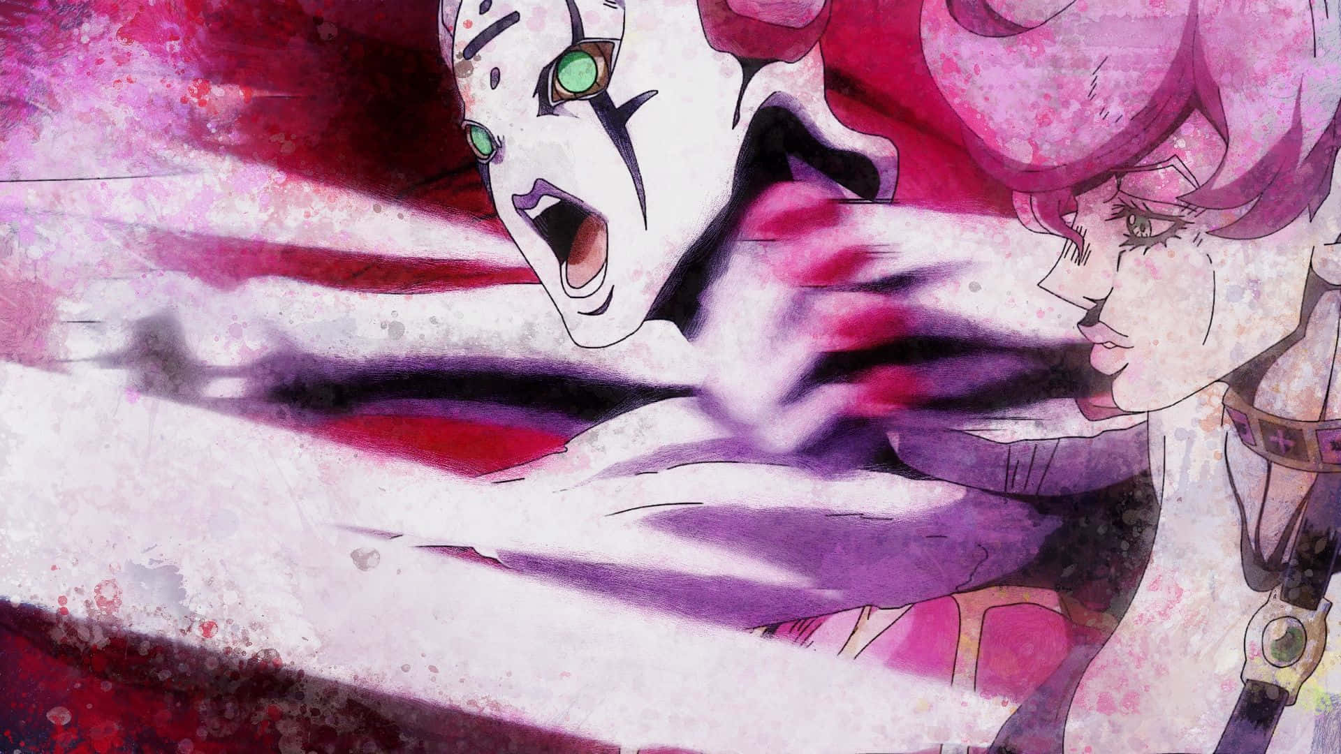 Trish Una 桌布 壁紙 — 一個粉紅頭髮、綠色眼睛的動漫角色與一個白色面具人物在充滿血跡的動態戰鬥場景中碰撞。