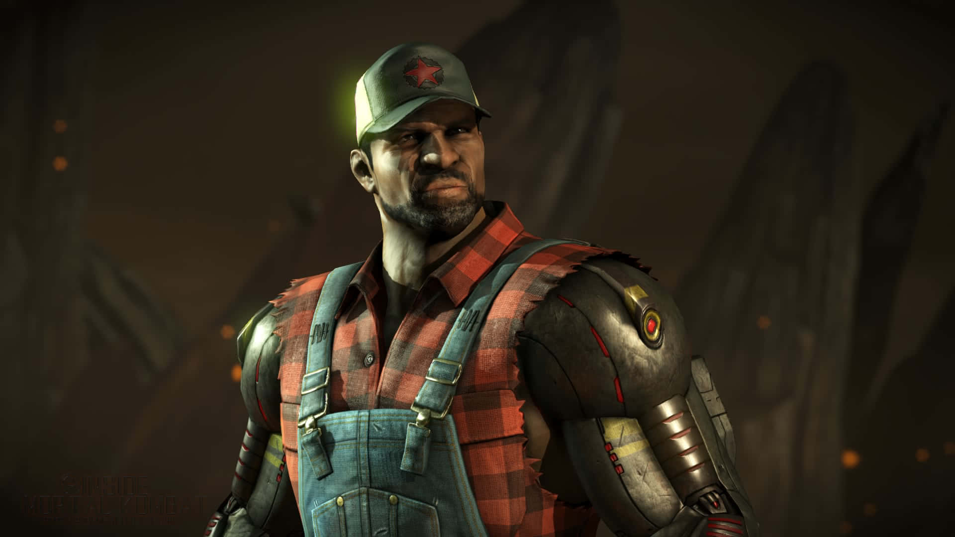 Mortal Kombat Jax 桌布 壁紙 — 一個粗獷嘅男人，著住格仔恤衫同工人褲，有機械手臂同帽，企喺昏暗、粗糙嘅環境入面。