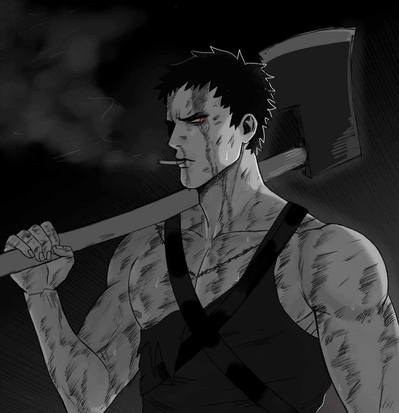Zombieman 桌布 壁紙 — 一個粗獷的動漫男人，有一隻紅色的眼睛，在黑暗煙霧繚繞的環境中抽煙，肩上扛著一把斧頭。