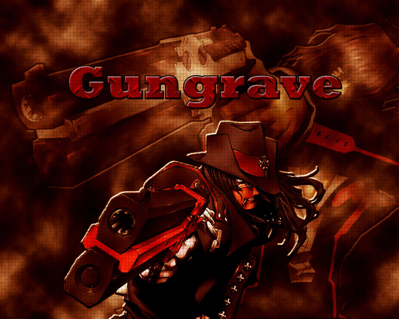 Gungrave 桌布 壁紙 — 一個粗獷的動漫角色，擁有機械手臂和牛仔帽，挑釁地站在煙霧繚繞的棕色背景前，標題「Gungrave」以粗體紅色字母呈現。