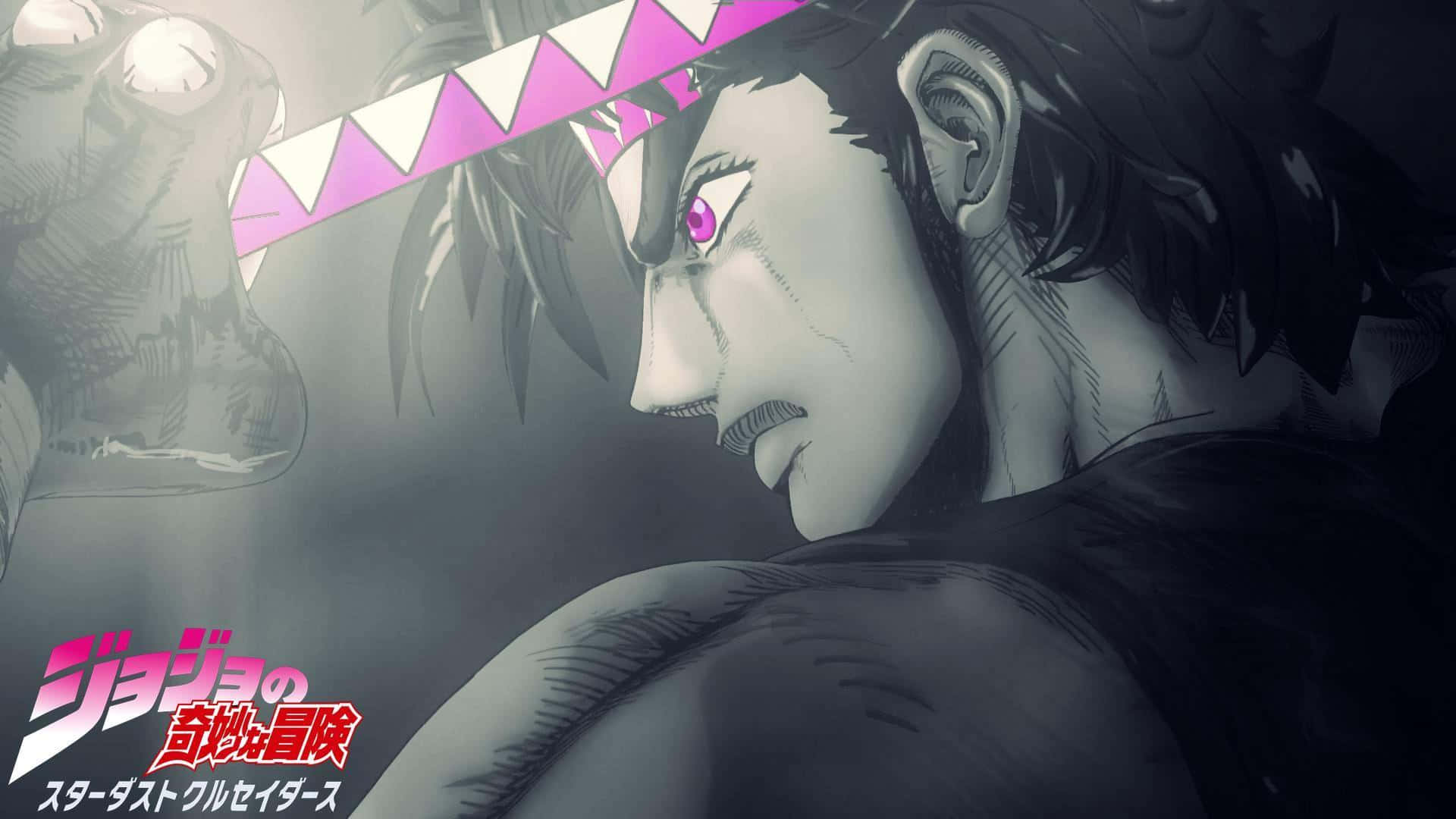 joseph joestar 桌布 壁紙 — 一個粗獷的動漫角色，擁有紫色眼睛和帶刺的頭帶，在煙霧繚繞的灰色背景下凝視著。