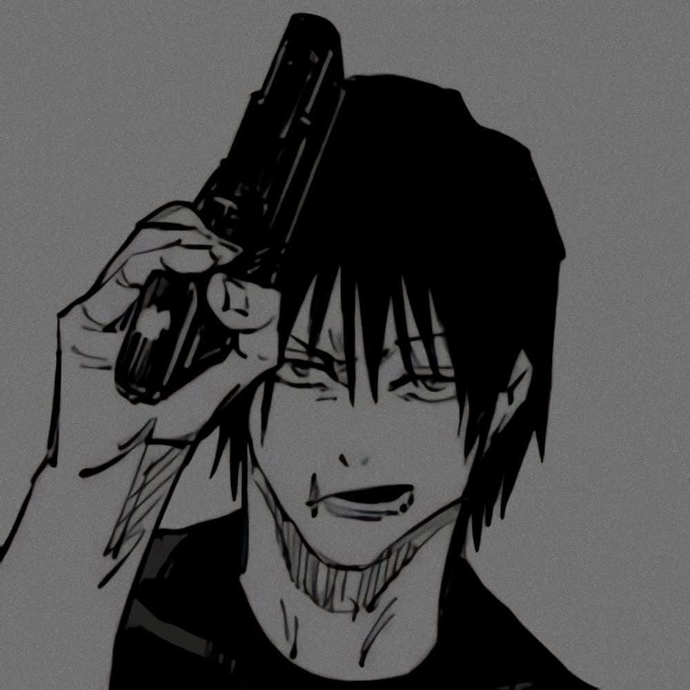 Toji Fushiguro 桌布 壁紙 — 一個粗獷的動漫角色，黑髮，在鮮明的單色素描中將手槍抵住太陽穴。