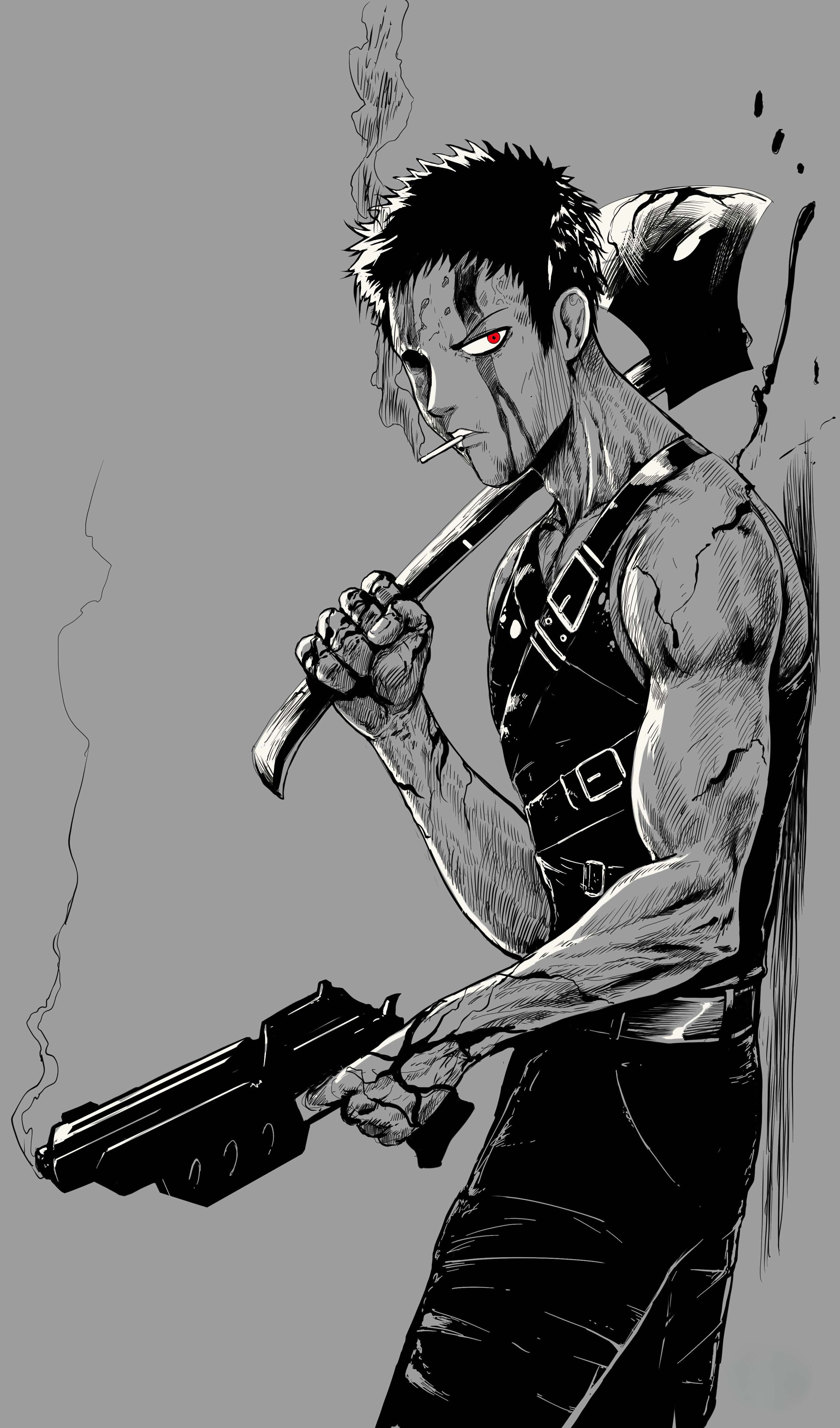 Zombieman 桌布 壁紙 — 一個粗獷的動漫風格戰士，紅眼睛，抽著煙，手持槍和斧頭，背景為灰色。