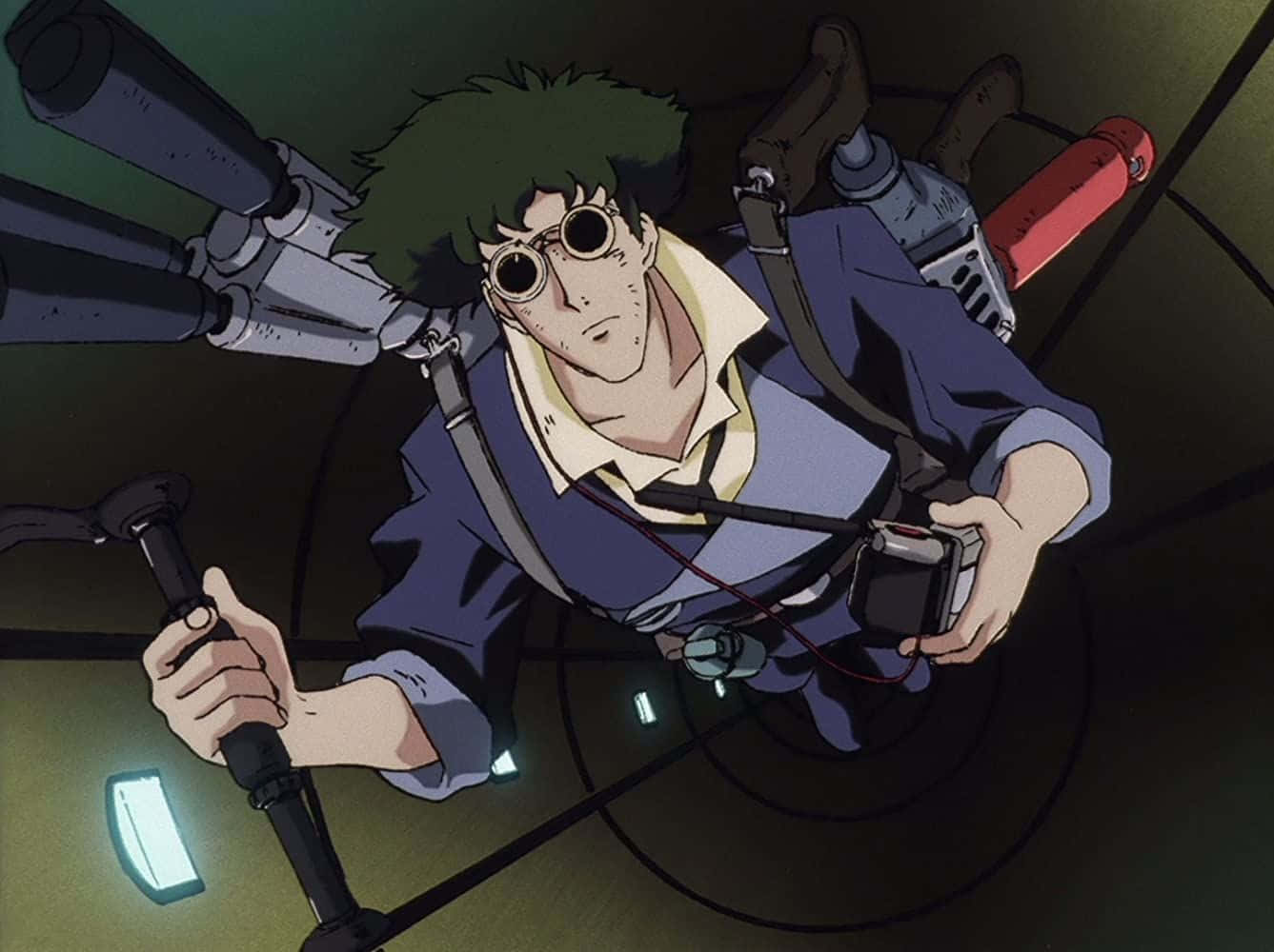 Spike Spiegel 桌布 壁紙 — 一個粗獷的動畫主角，綠色頭髮，戴著護目鏡，懸掛在昏暗的工業環境中，揮舞著工具和武器。