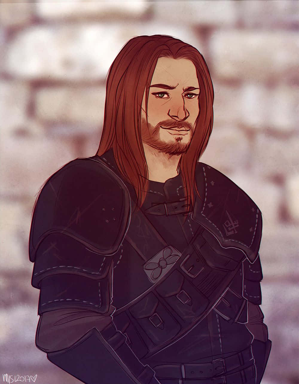 Skyrim Brynjolf 桌布 壁紙 — 一個粗獷的奇幻戰士，長長嘅紅頭髮同鬍鬚，著住黑色盔甲，背景係模糊嘅石牆。