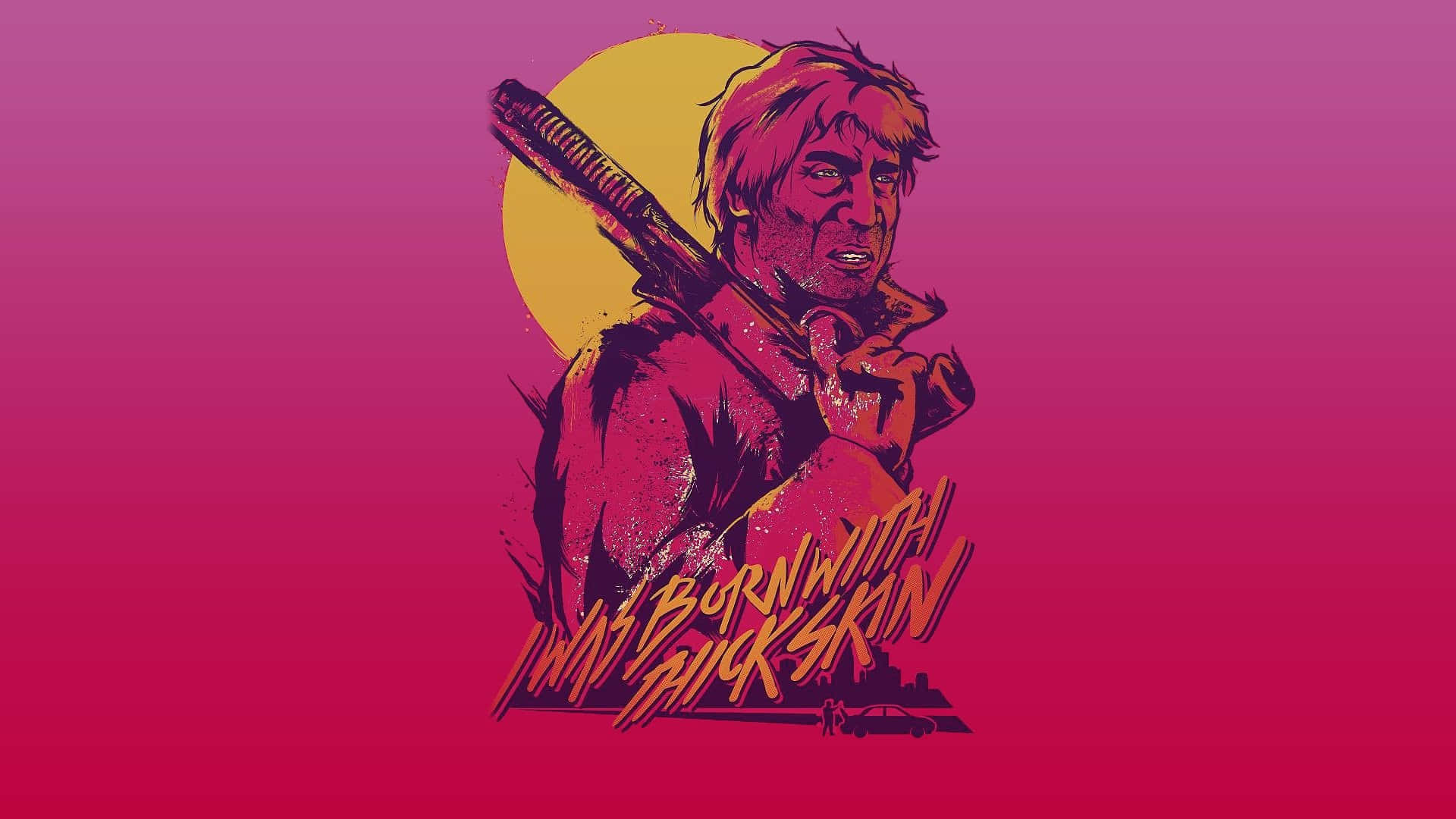 Hotline Miami 桌布 壁紙 — 一個粗獷的插圖男子手持棒球棍，站在粉紅與黃色漸變的太陽背景前，下方有粗體文字。