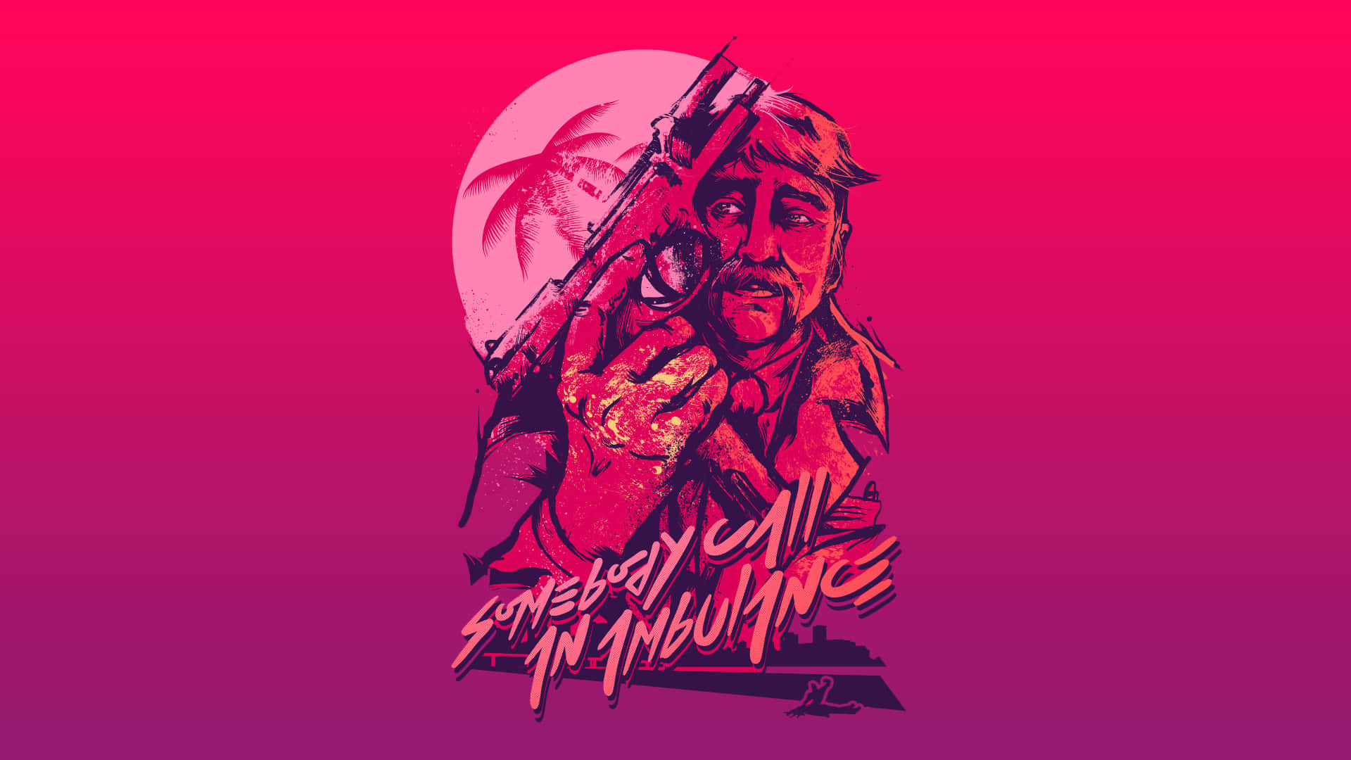 Hotline Miami 桌布 壁紙 — 一個粗獷的插圖男子手持步槍向前指，背景是粉紅色漸變，有棕櫚樹和粗體文字。