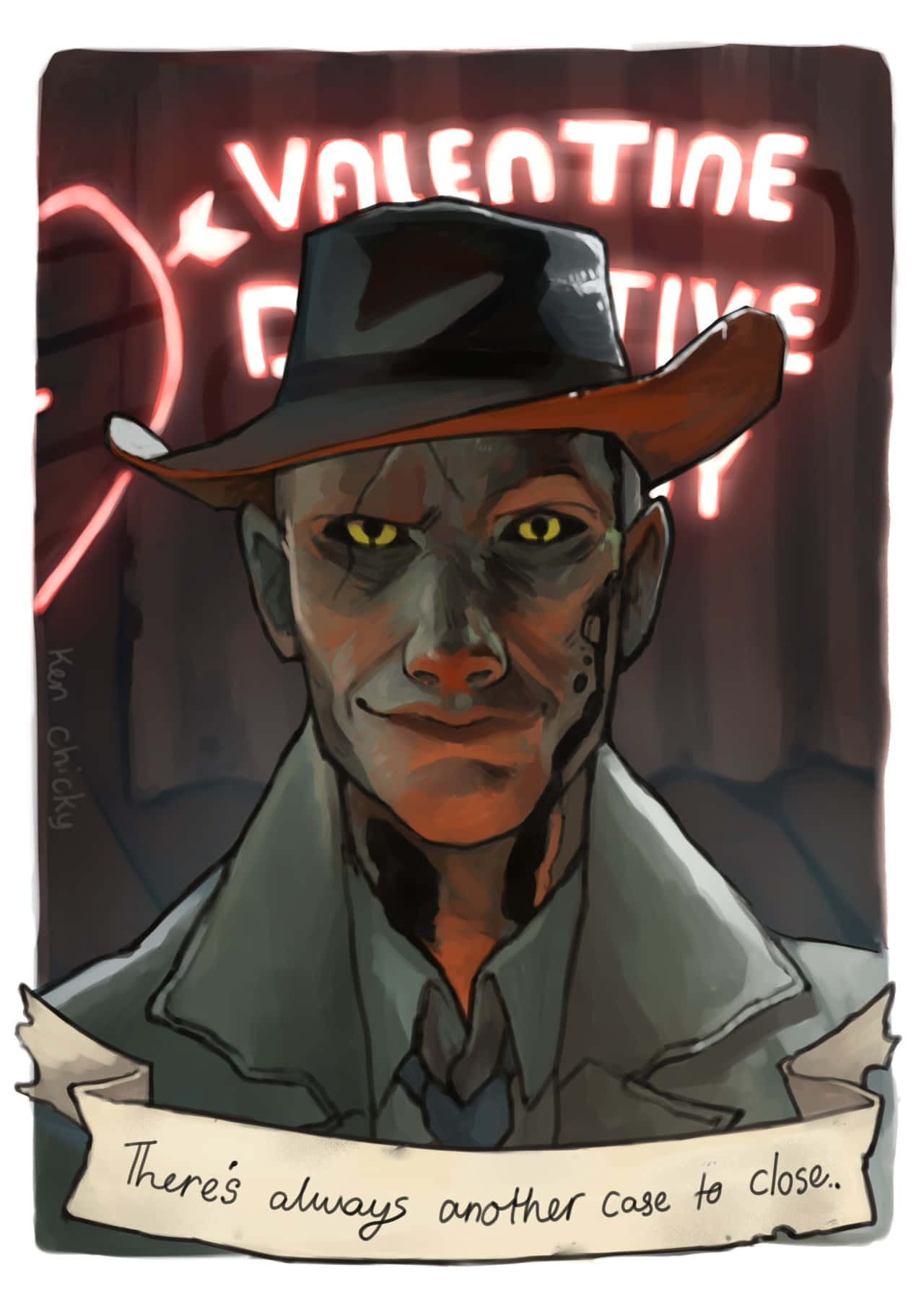 Nick Valentine 桌布 壁紙 — 一個粗獷的插畫風格偵探，有著黃色眼睛和軟呢帽，站在一個發光的紅色情人節標誌前。