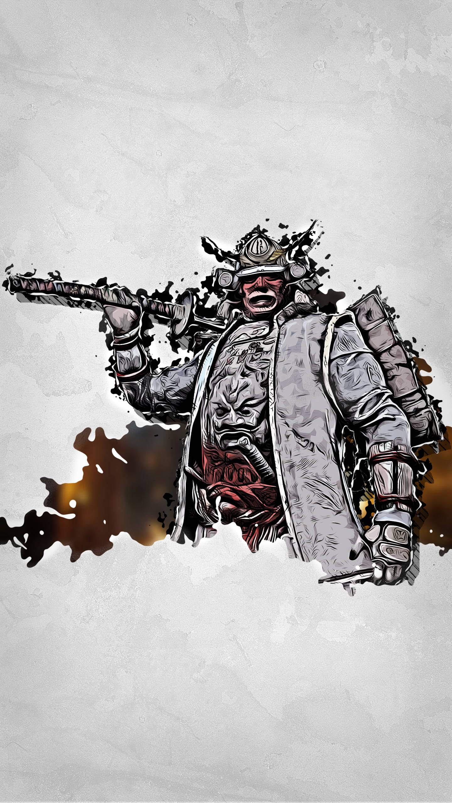 遊戲 桌布 壁紙 — 一個粗獷的插畫風格武士穿著盔甲，在帶有紋理的灰色背景上揮舞著武士刀，伴隨著火熱的橙色飛濺。