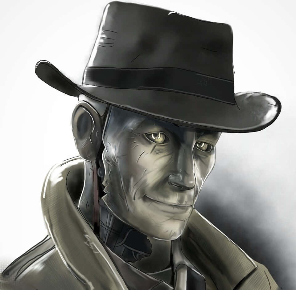 Nick Valentine 桌布 壁紙 — 一個粗獷的插畫風格男人，戴著軟呢帽和風衣，露出得意的笑容，眼睛發光，背景是煙霧瀰漫的灰色。