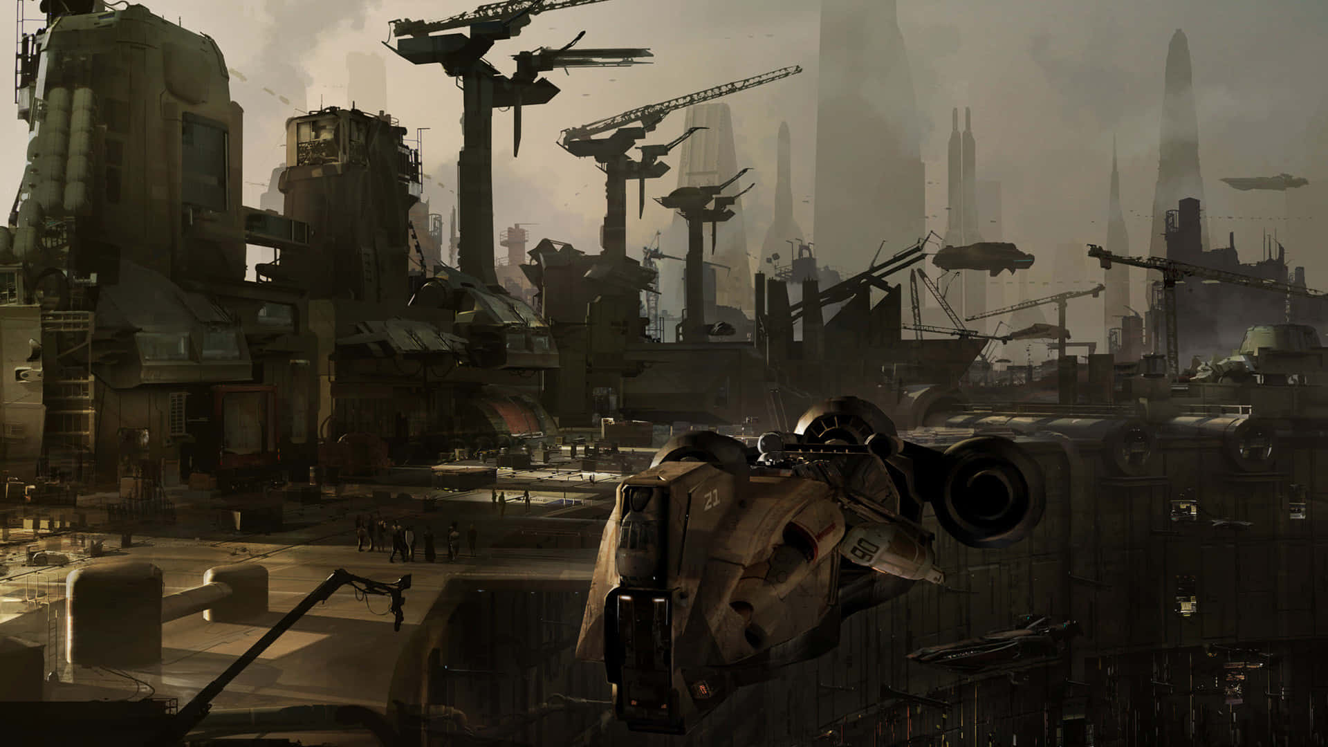 The Coruscant Underworld 桌布 壁紙 — 一個粗獷的未來城市景觀，前景有高聳的工業建築和一艘墜毀的太空船，天空朦朧。