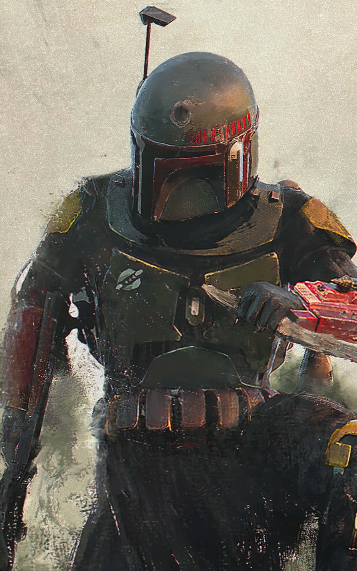 Jango Fett 桌布 壁紙 — 一個粗獷的波巴·費特穿著風化的盔甲，在柔和的背景下手持紅色爆能槍。