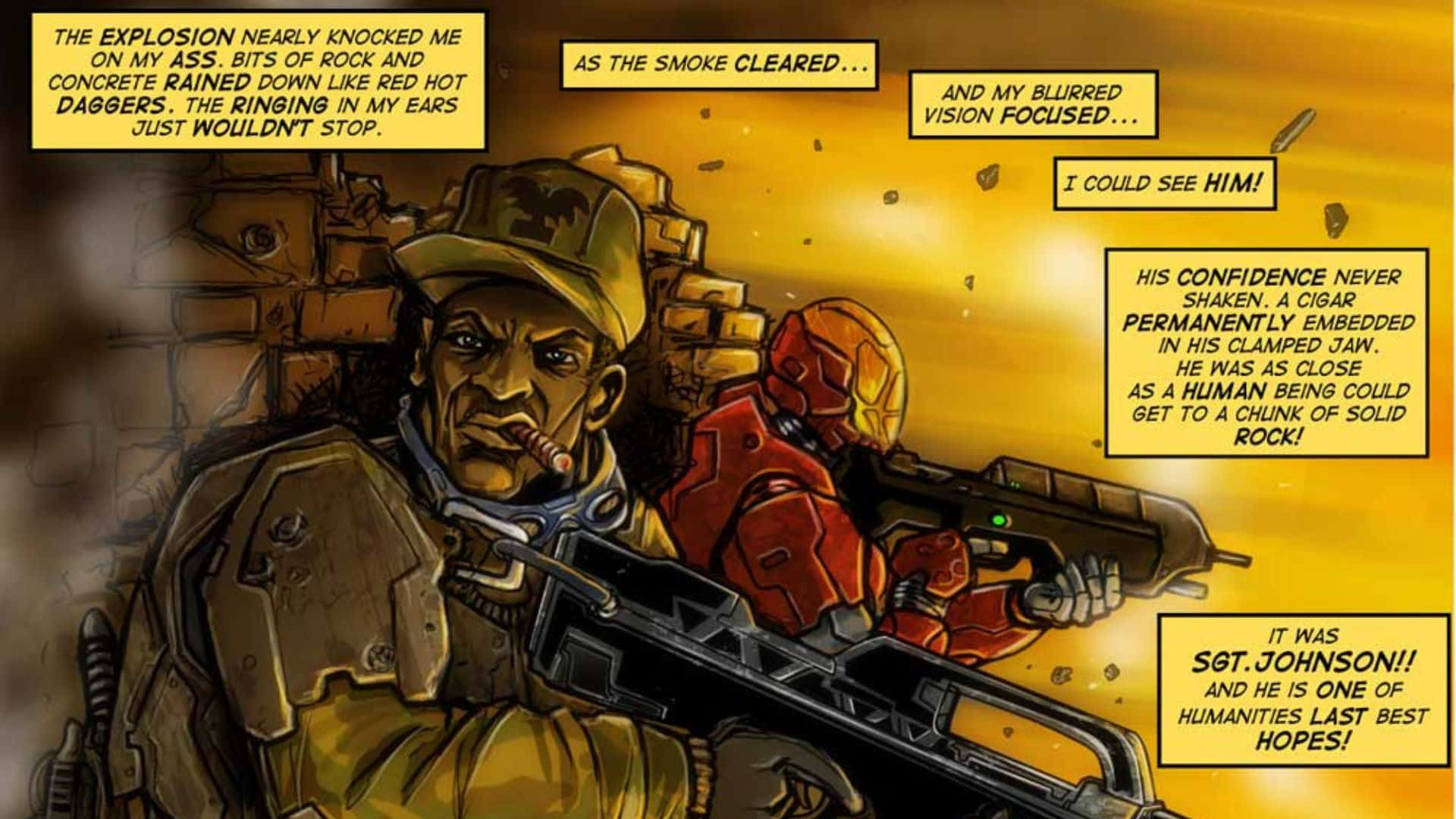 Sergeant Johnson 桌布 壁紙 — 一個粗獷的漫畫面板顯示一名士兵嘴裡叼著雪茄，身後有一個紅色裝甲人物，周圍是爆炸碎片和黃色煙霧。