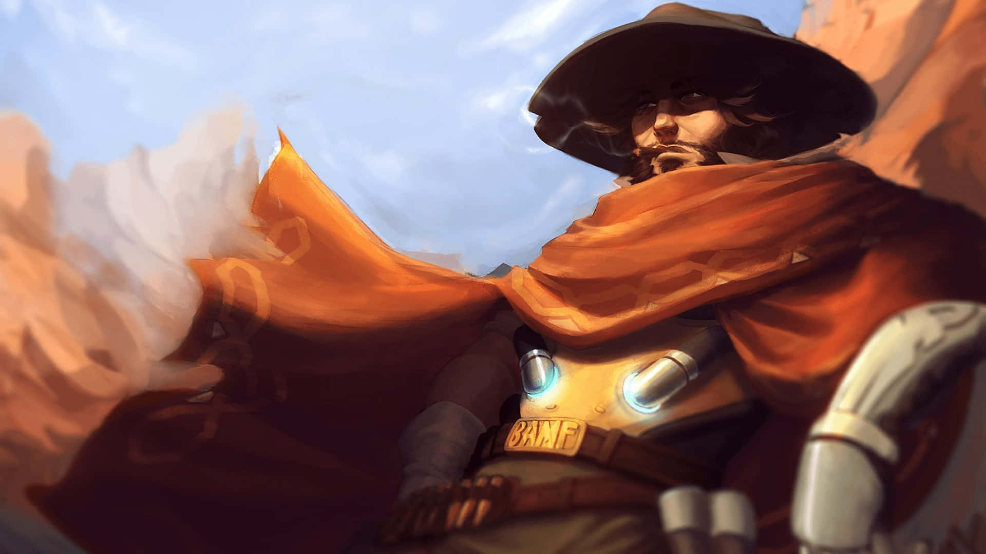 Overwatch Mccree 桌布 壁紙 — 一個粗獷的牛仔，戴著寬邊帽和飄逸的橙色圍巾，在晴朗的藍天下，在塵土飛揚的沙漠背景下挑釁地站立。