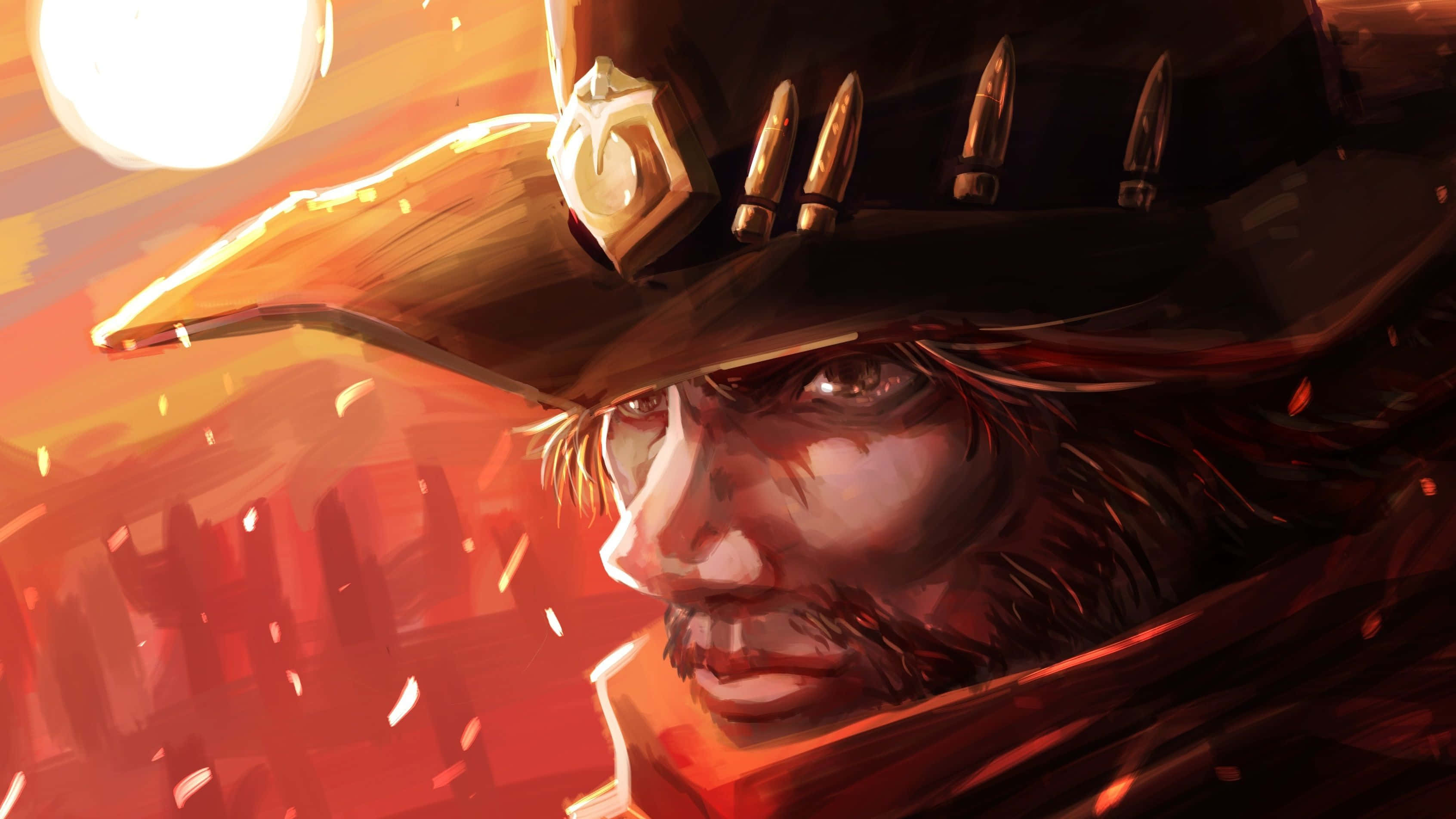 Overwatch Mccree 桌布 壁紙 — 一個粗獷的牛仔，戴著飾有子彈的帽子，在熾熱的日落背景下凝視著。