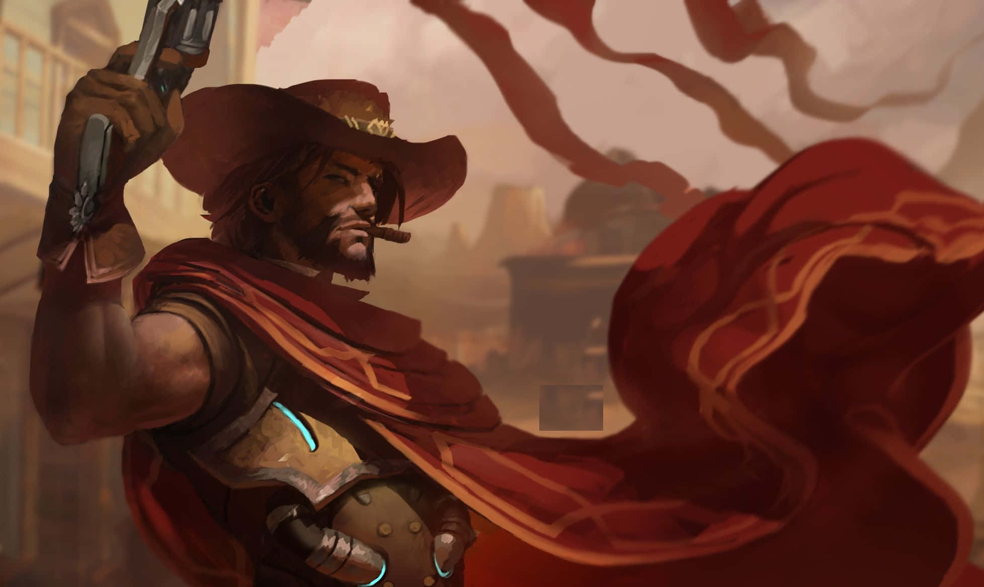 Overwatch Mccree 桌布 壁紙 — 一個粗獷的牛仔，披著紅色斗篷，抽著雪茄，在塵土飛揚的西部背景下手持左輪手槍。