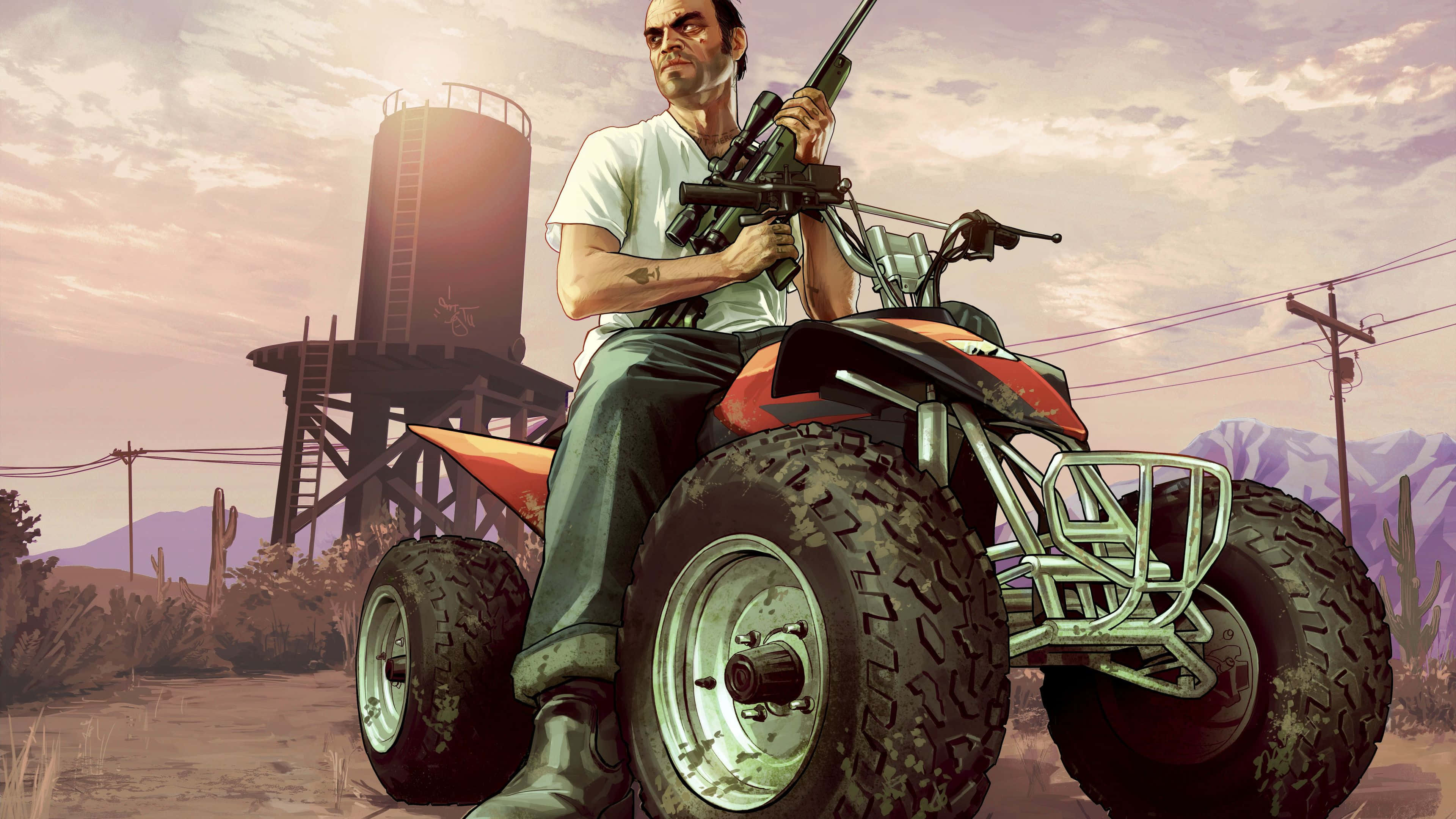 Gta 5 4K 桌布 壁紙 — 一個粗獷的男人拿著步槍，坐在一輛紅黑相間的ATV上，身處塵土飛揚的沙漠景觀中，背景有儲水塔和山脈。