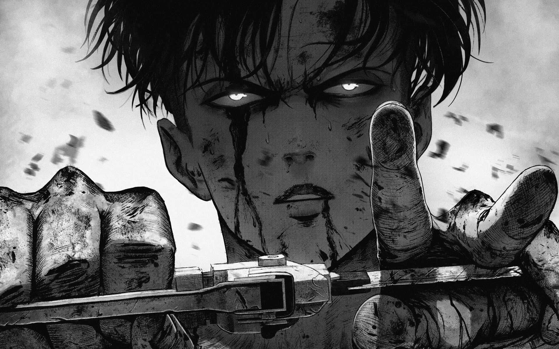 Manga Series 桌布 壁紙 — 一個粗獷的黑白動漫戰士，眼睛發光，緊握武器，碎片在他周圍飛舞，營造出緊張的戰鬥場景。