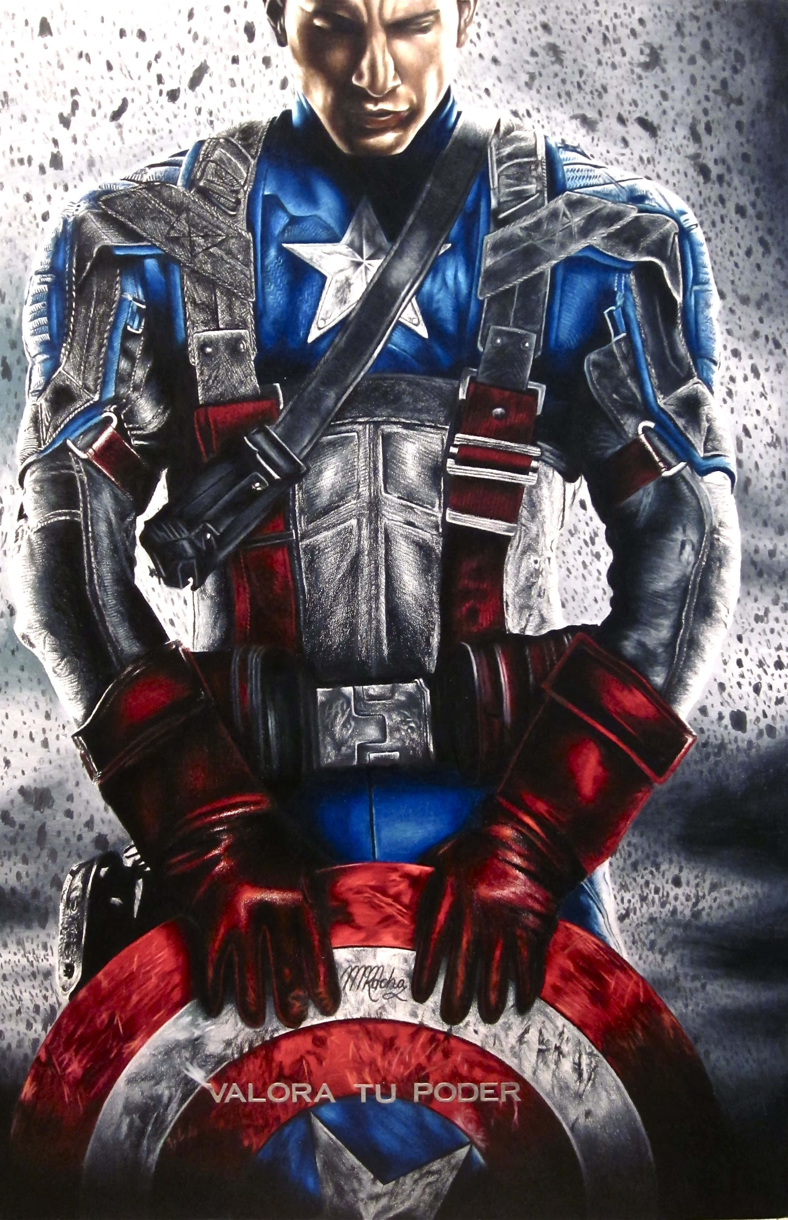 Best Captain America 桌布 壁紙 — 一個粗獷風格的插畫美國隊長堅定地拿著盾牌，背景是斑駁的灰色。