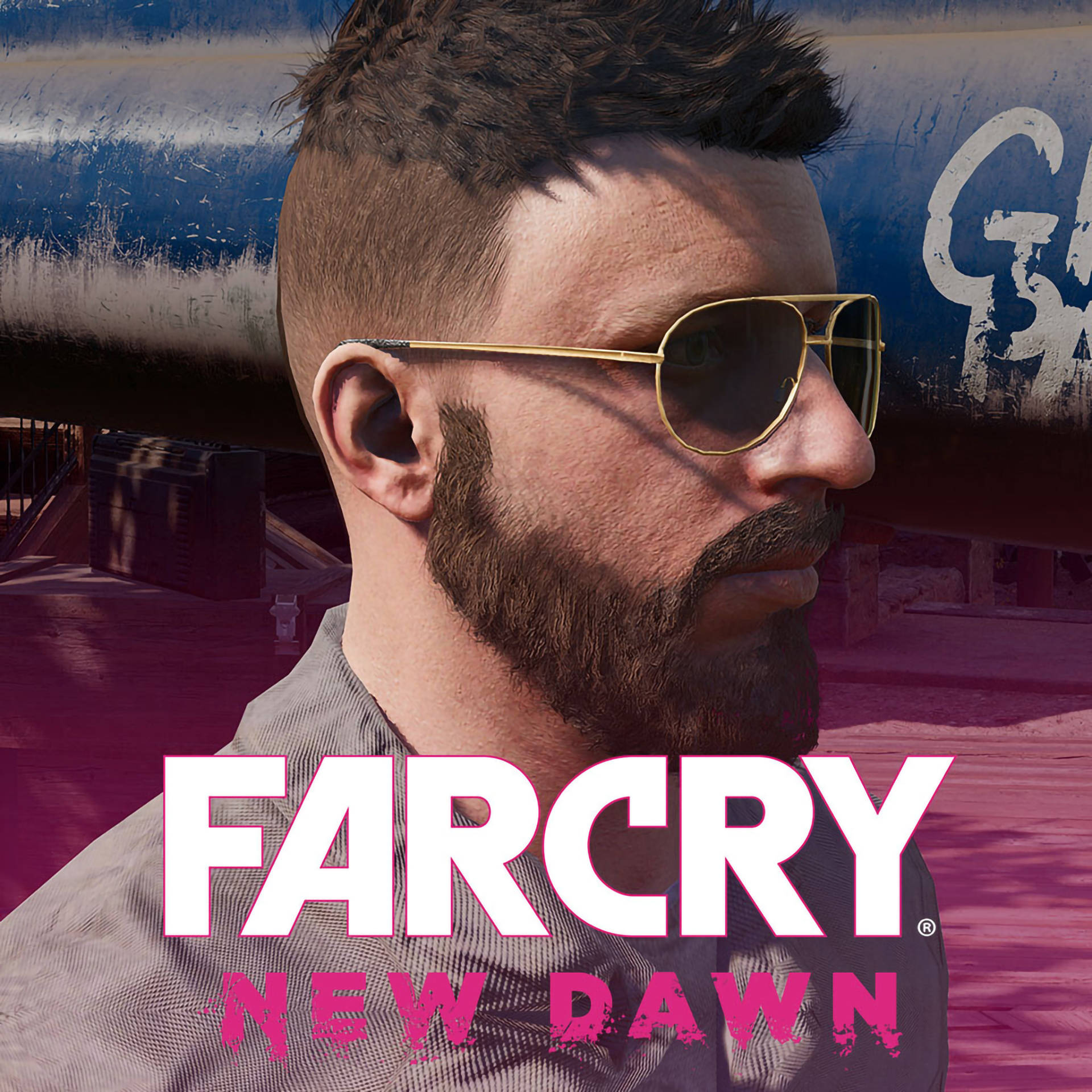 Far Cry New Dawn Roger Cadoret 壁紙 — 一個粗獷鬍鬚男戴著金色飛行員太陽眼鏡，在粉紅色天空下，對著佈滿塗鴉的工業背景凝視。