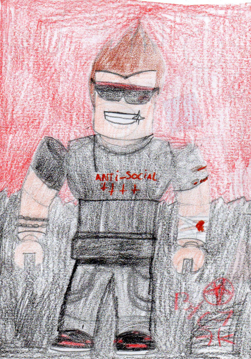 Roblox Avatar 桌布 壁紙 — 一個粗略繪製的Roblox風格角色，戴著太陽眼鏡和反社會襯衫，站在有紋理的紅色背景前。