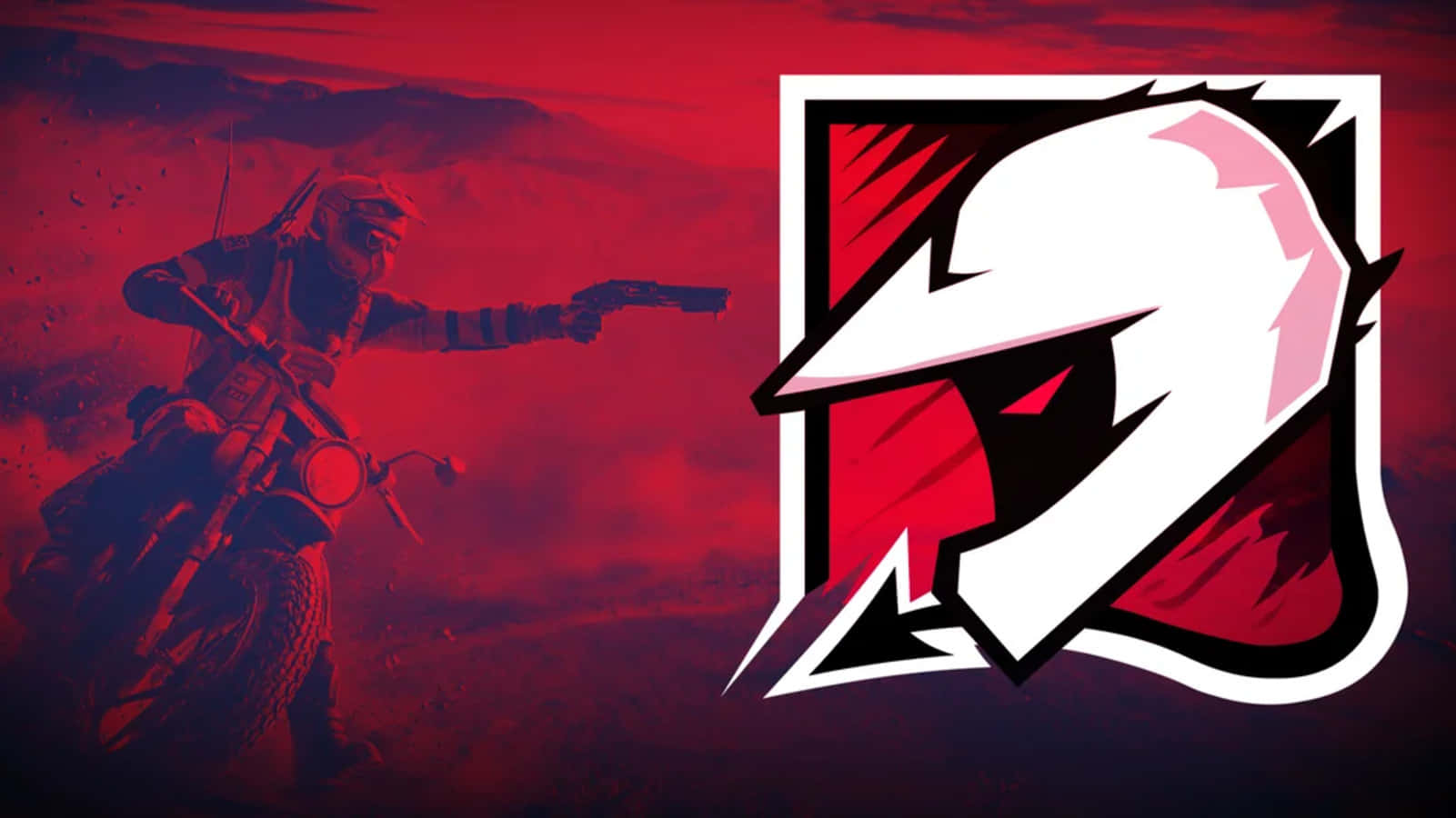 Rainbow Six Siege Mozzie 桌布 壁紙 — 一個粗糙的紅色調電單車騎士在一個大膽的白色和紅色風格化頭盔標誌旁邊瞄準一把手槍。